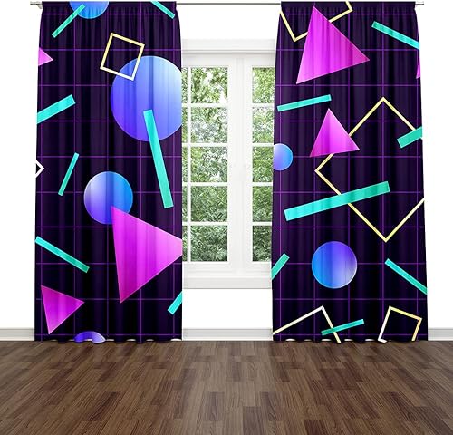 Miniatura 1 de Cortinas geométricas para ventana, estilo retro de los años 80, estilo retro de los años 80, para fiesta de neón, con bolsillo para barra, cortinas