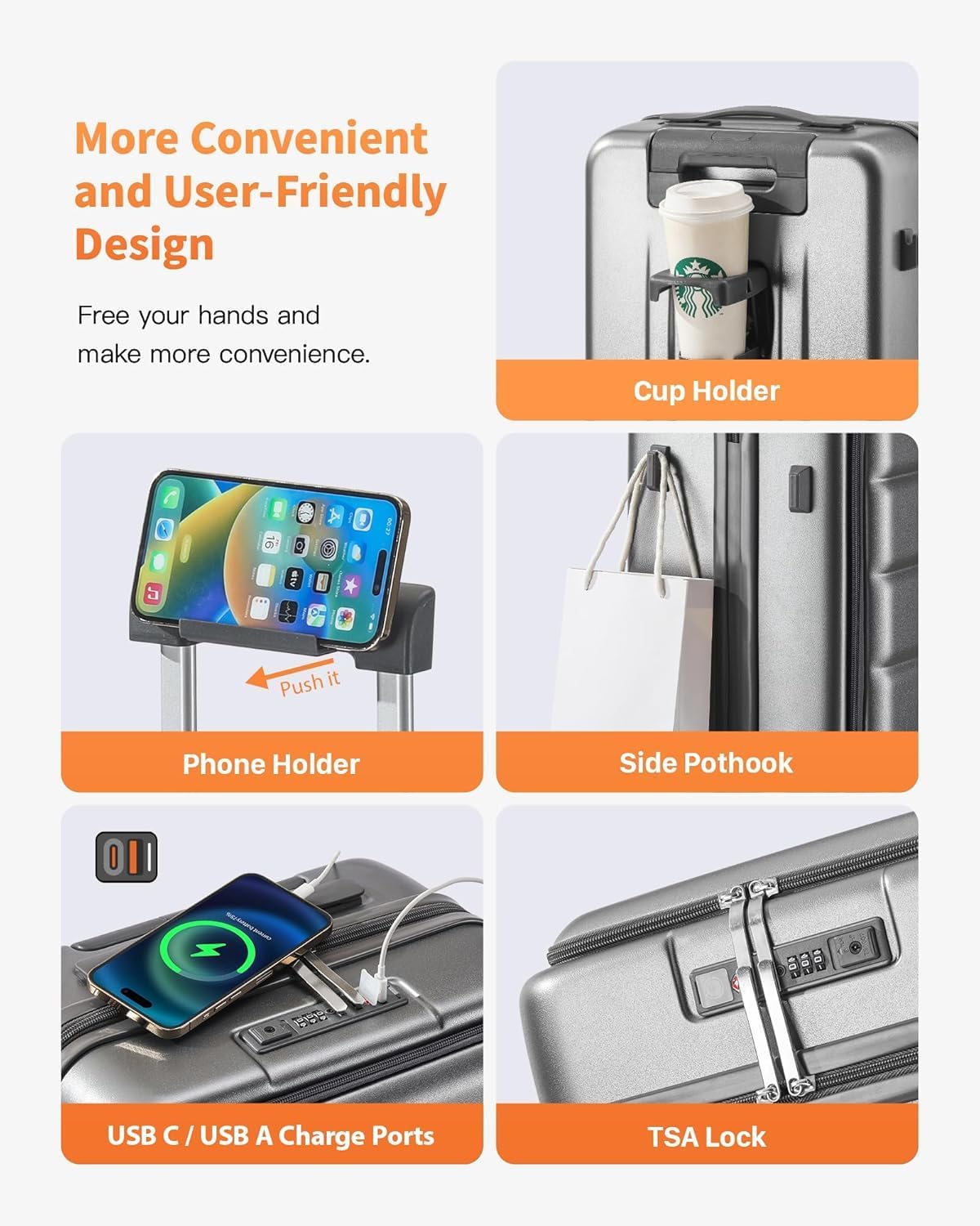 Expandable 20Inch Carry On Luggage Airline Approved - Front Pocket Travel Suitcase 100% PC Unbreakable -with Cup Holder,USB Charge,Side Pothook, 360°Spinner Wheels, TSA Lock-Grey - Image 8