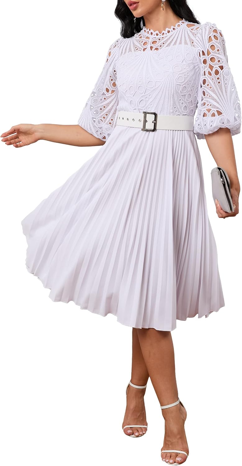 IWFEV Lace Pleated Dress Puff Sleeve Mid-Calf Short Sleeve Midi Dress Hollow Party Evening Dress