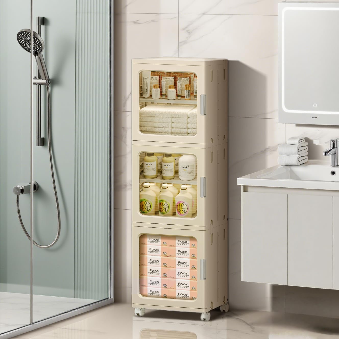 4 Tier White Tall Narrow Bathroom Storage Cabinet Bundle with 3 Tier Beige Tall Slim Bathroom Storage Cabinet