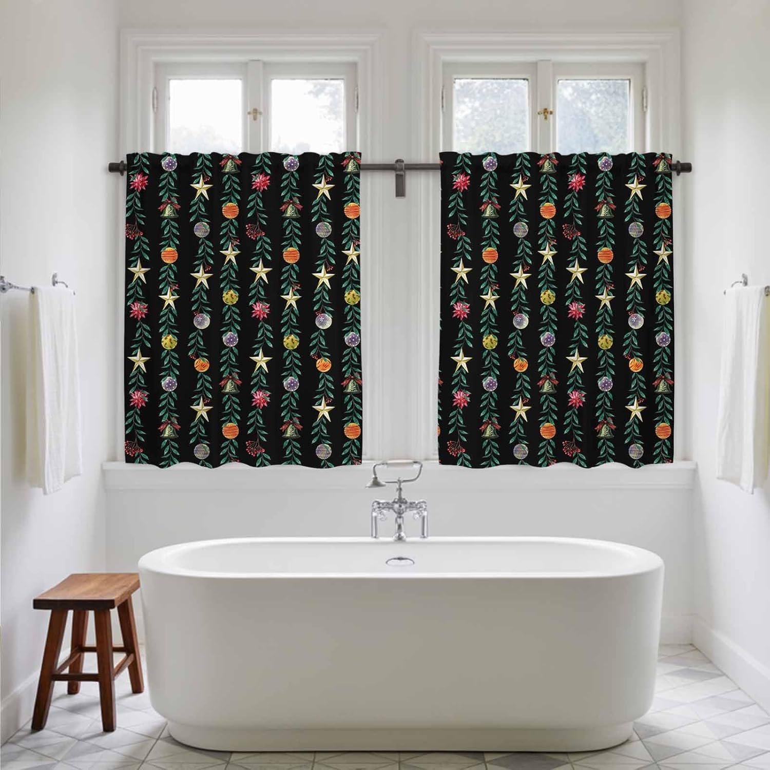 Black Christmas Kitchen Curtains 45 Inch Long 2 Panel Set, Rod Pocket Window Treatment, Green Botanical Xmas Balls Star Light Filtering Short Curtains & Drapes for Bathroom Laundry 52"W x 45"L