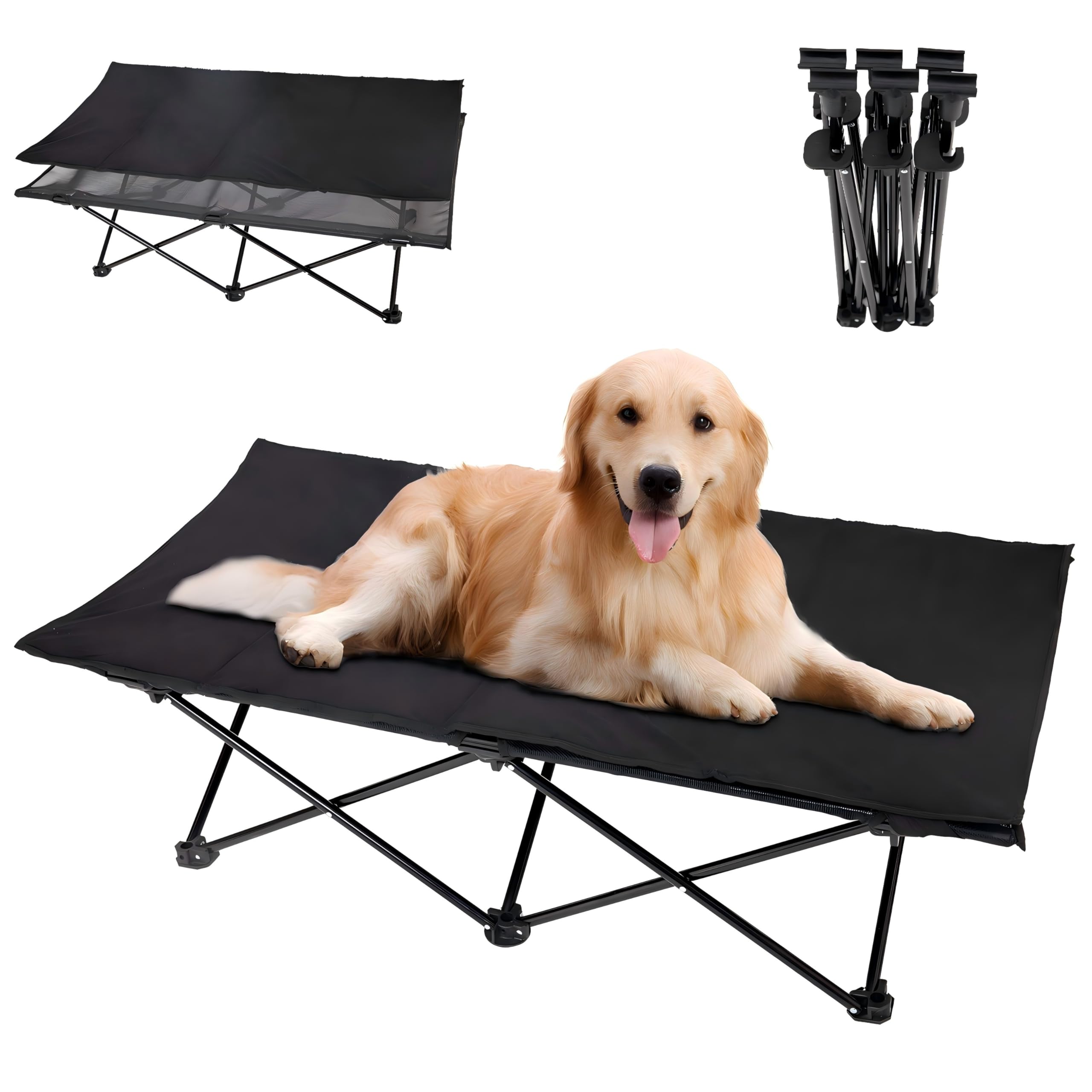 KingCamp Erhöhtes Hundebett Hundeliege Outdoor Haustierbett Haustierliege Atmungsaktivem Mesh & Wildledermatte & Rutschfesten Füßen für Reisen Garten Outdoor Indoor, Schwarz 121 × 68 × 30 cm