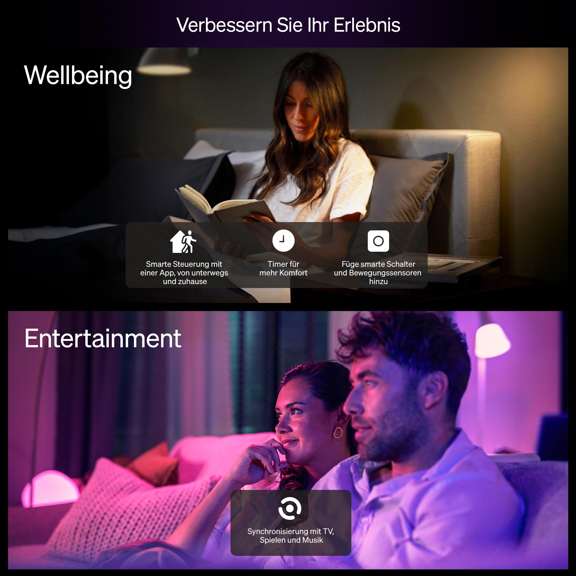 Philips Hue Essential Starter-Set: Bridge + 4 Essential E27 Smart Leuchtmittel, White und Color Ambiance LED Licht, 2200-6500K, dimmbare LED Lampen, funktioniert mit diversen Sprachassistenten