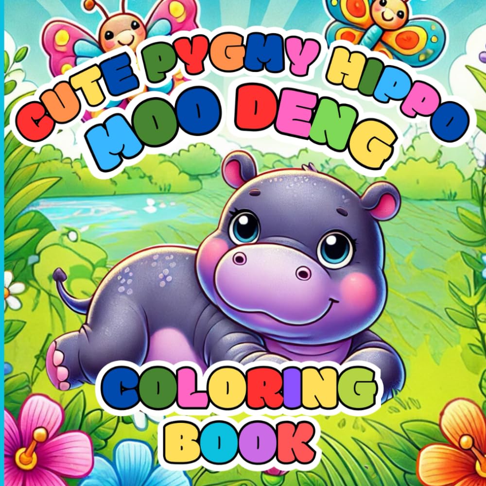 Cute Pygmy Hippo Moo Deng: Coloring Book For Kids