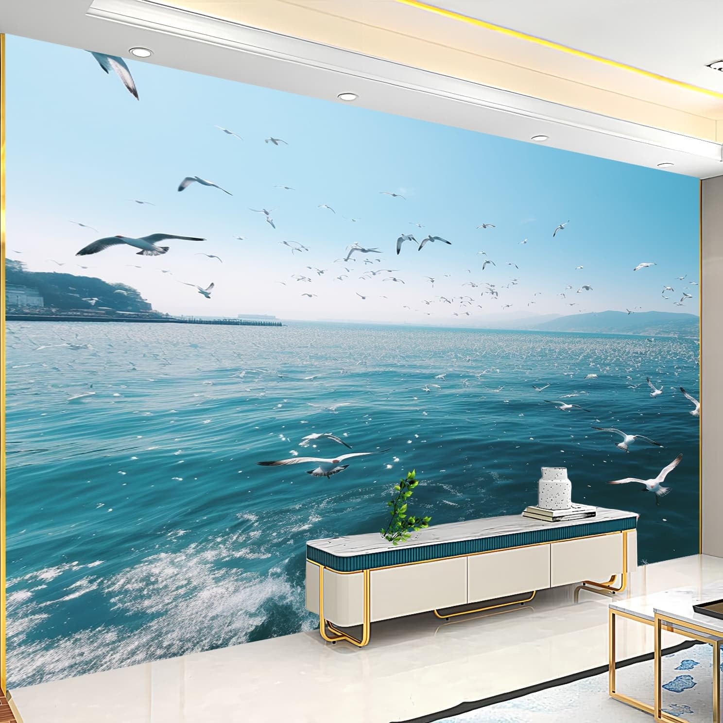 Odporna na wilgoć fototapeta 400 x 280 cm, zwierzęta morskie i ptaki, tapeta ścienna, tapeta ścienna, niebieska, do salonu, korytarza, nowoczesne wzornictwo, obraz ścienny, dekoracja ścienna