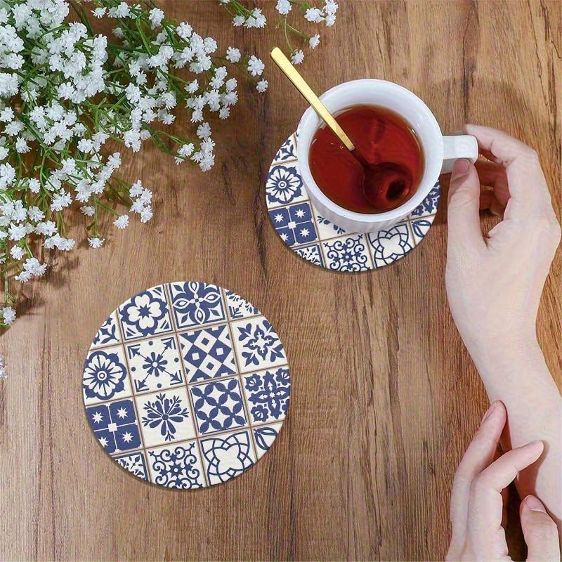 Image of 6 Round Wooden Coasters- Blue Portuguese Tile Style Design Suitable Various Cups Protect Tabletop Anti-Scald Anti-Slip Coffee Table Decoration Home Warm House,