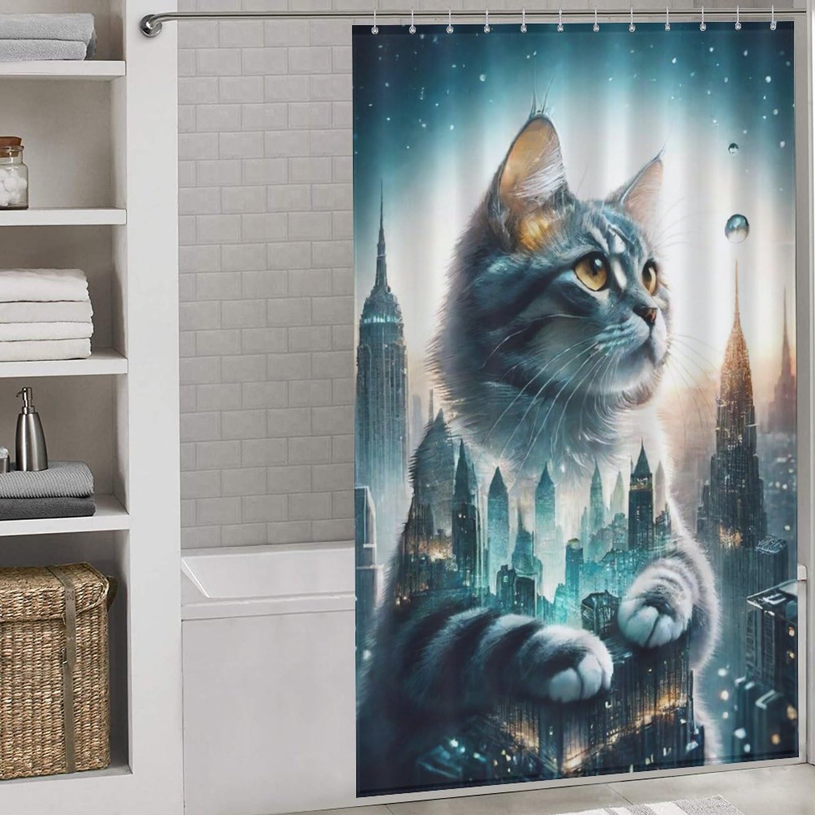 Rideau de douche chat imperméable et lavable en tissu