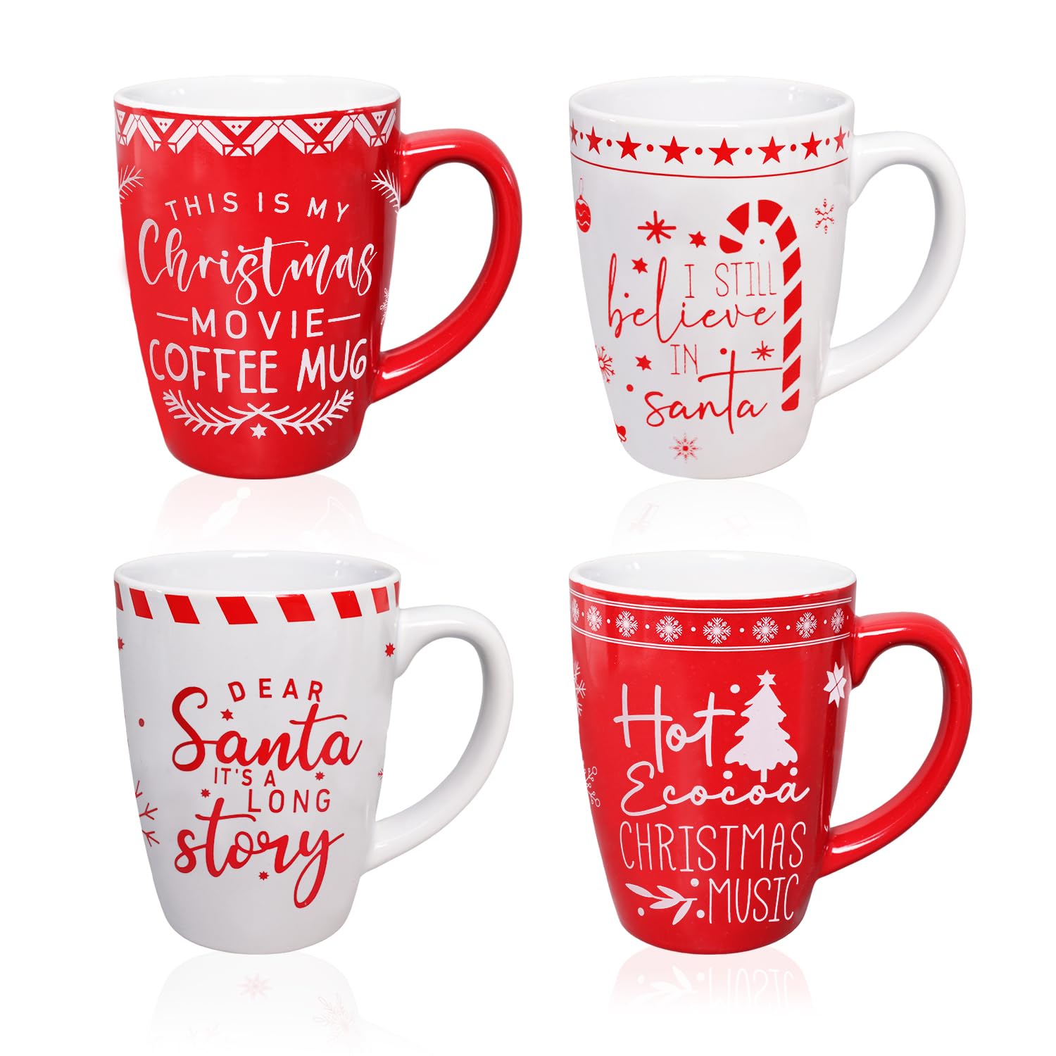 4 Pcs Christmas Ceramic Mugs 12 OZ White And Red Holiday Coffee Ceramic Cups Set Farm House XMAS Mugs Milk Hot Cocoa Mugs for Home kitchen Fireplace Decoration Christmas Gift Addition