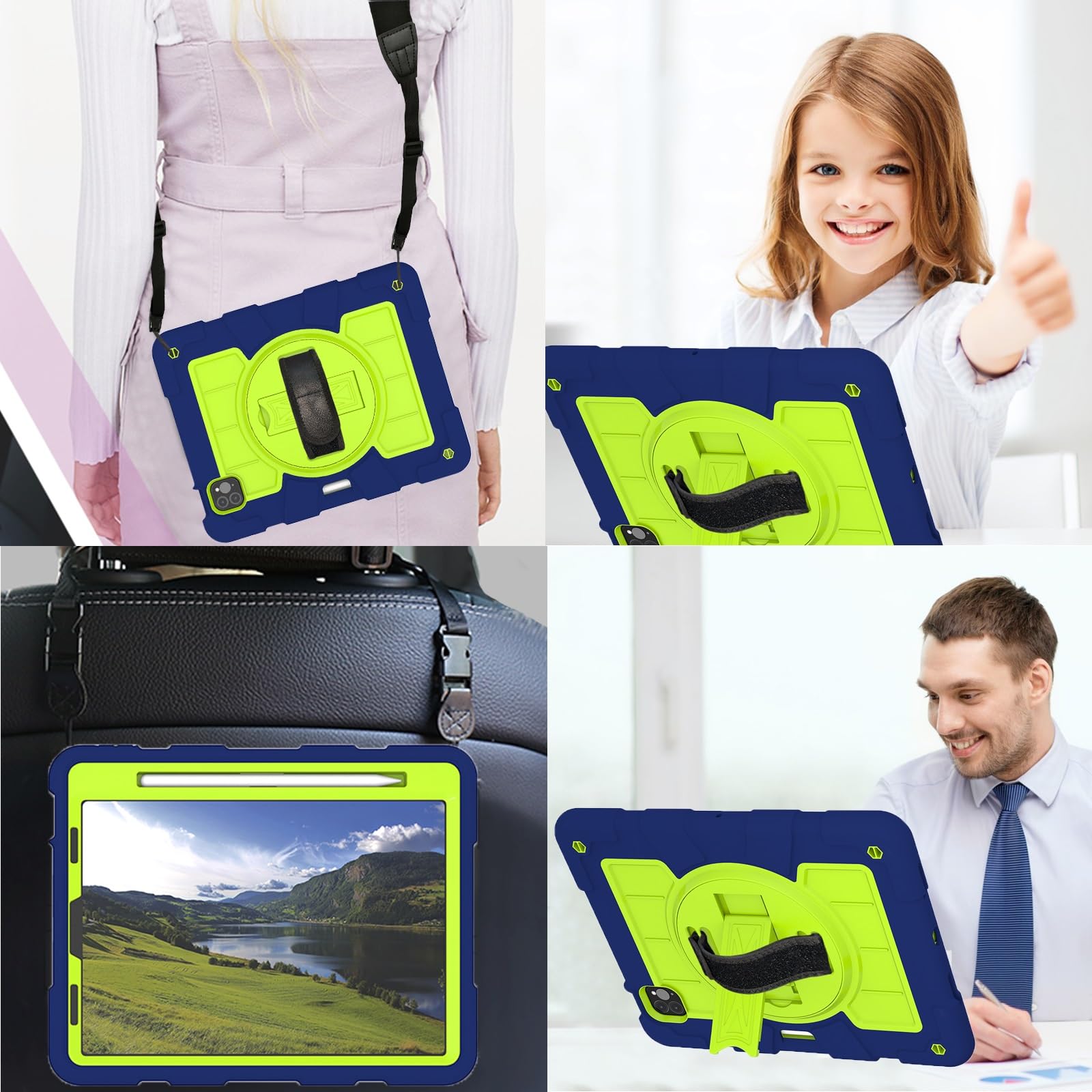 Custodia protettiva per tablet PC compatibile con iPad Air 5/Air 4 da 10,9" 2022/2020, custodia protettiva antiurto integrale con guscio infrangibile W supporto girevole a 360°+cinghia da polso +