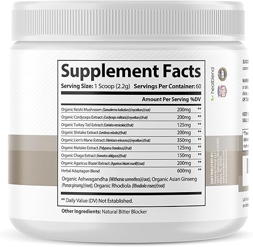 Miniatura 7 de healblend Mezcla de suplemento de extracto de hongos - Melena de león, Cordyceps, Agaricus, cola de pavo, Reishi, Chaga, Shiitake, Maitake Plus