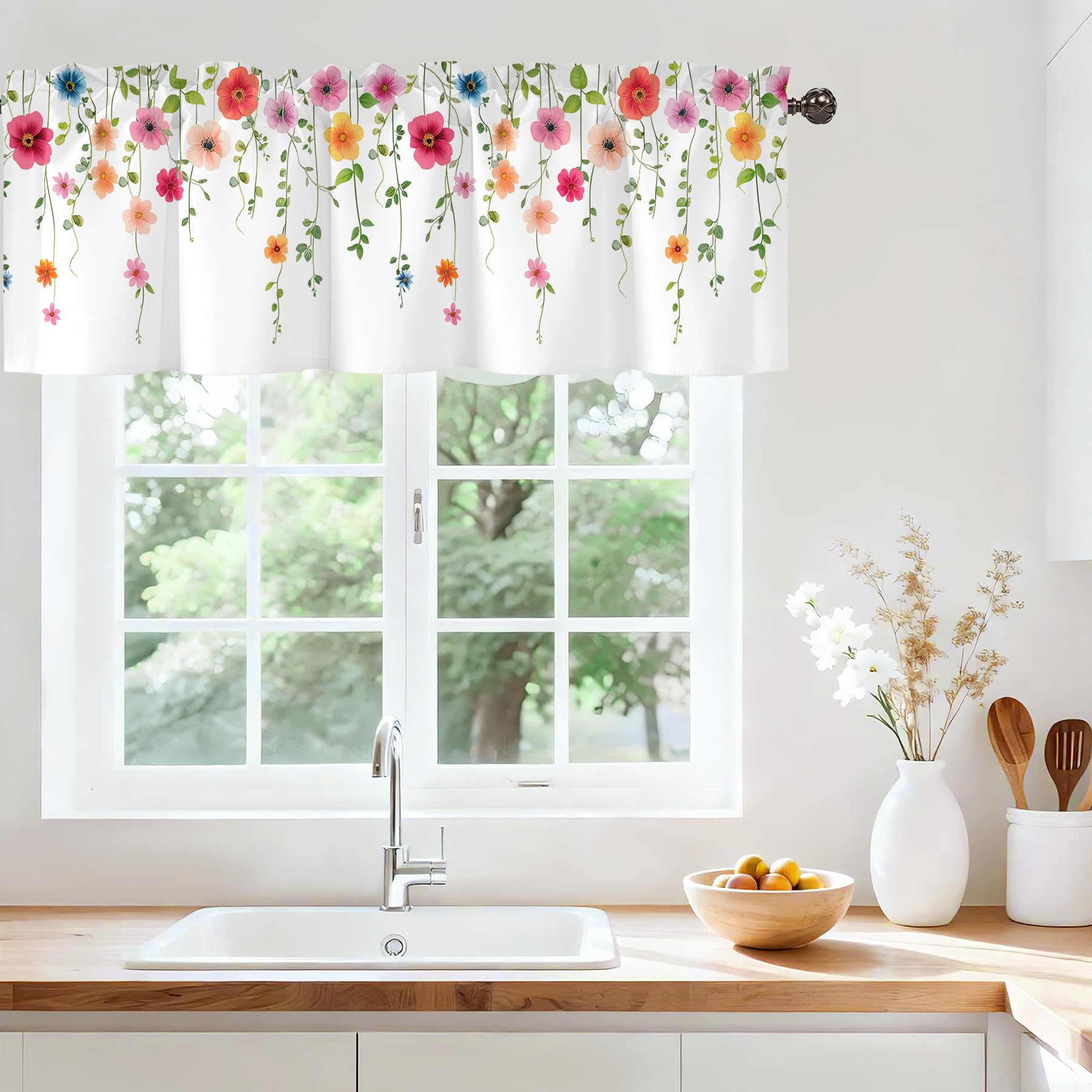 Spring Wildflower Green Leaves Valances for Windows, Rod Pocket 42x12 in