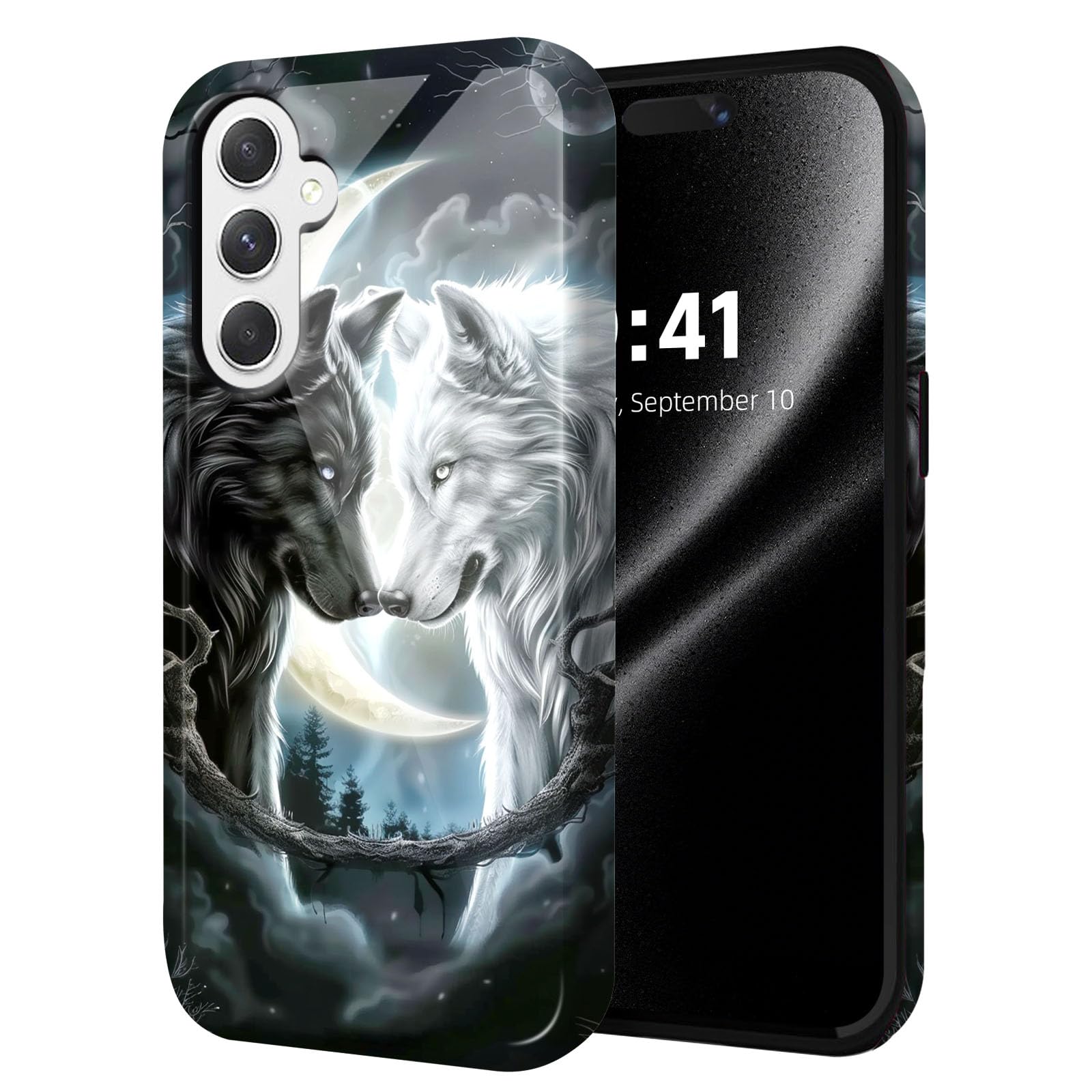ETLKJVBL for Samsung Galaxy A16 5G Phone Case, Hybrid 2-Layer Hard Shell with Shockproof Silicone, Black White Wolf Dual-Layer Protective Case for