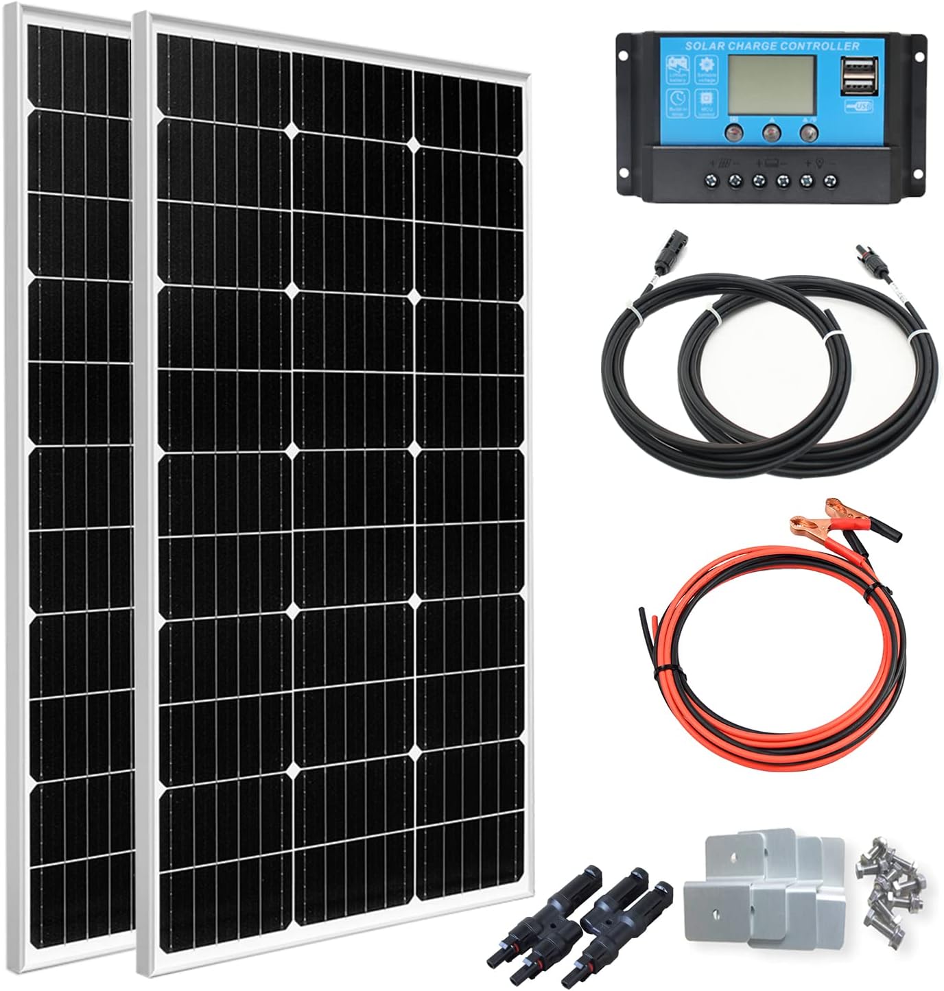XINPUGUANG200w 12v/24v Basic Solar Kit 2 x 100 Watt Mono Solar Panel Photovoltaic Module 20A Charge Controller for Motorhome, Balcony, Boat, Car, Caravan, 12v Battery (watts, 200)