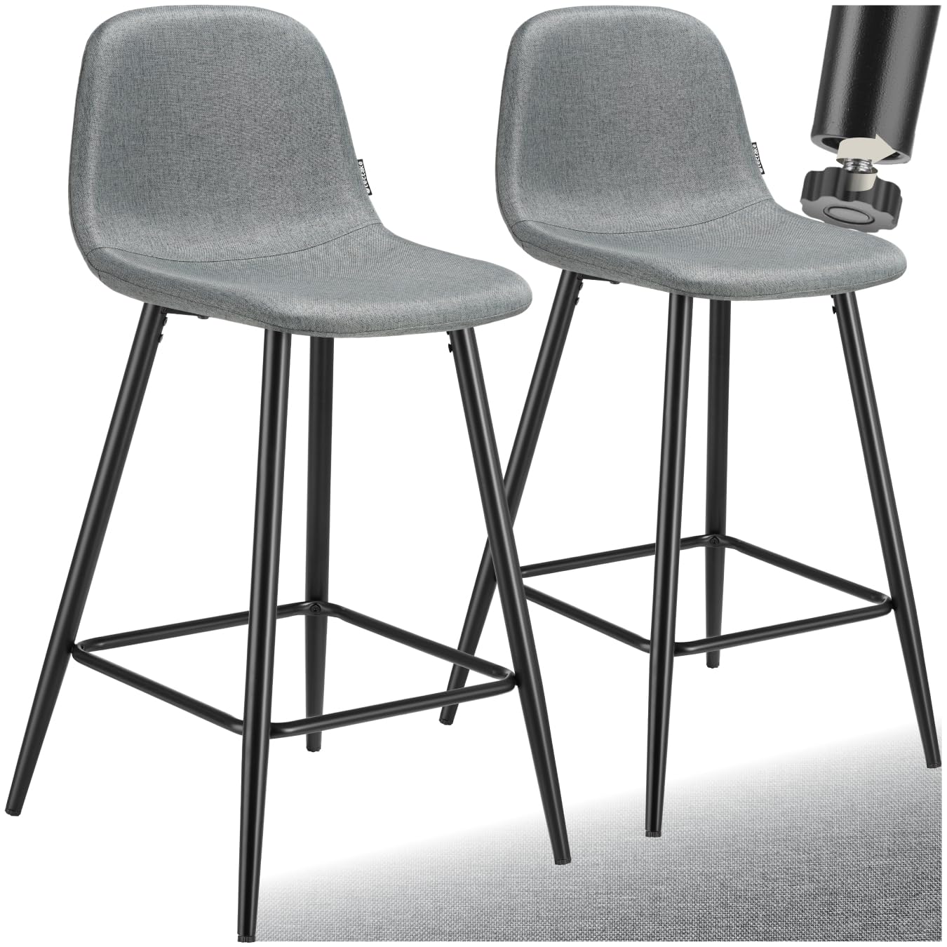 tectake® Taburete Alto con Respaldo, Acolchado, Reposapiés, Tejido Fácil De Cuidar, Patas De Acero, Pies Antideslizantes, Altura Ajustable, Silla Cocina o Bar, Banqueta - 2 sillas Gris Oscuro/Negro