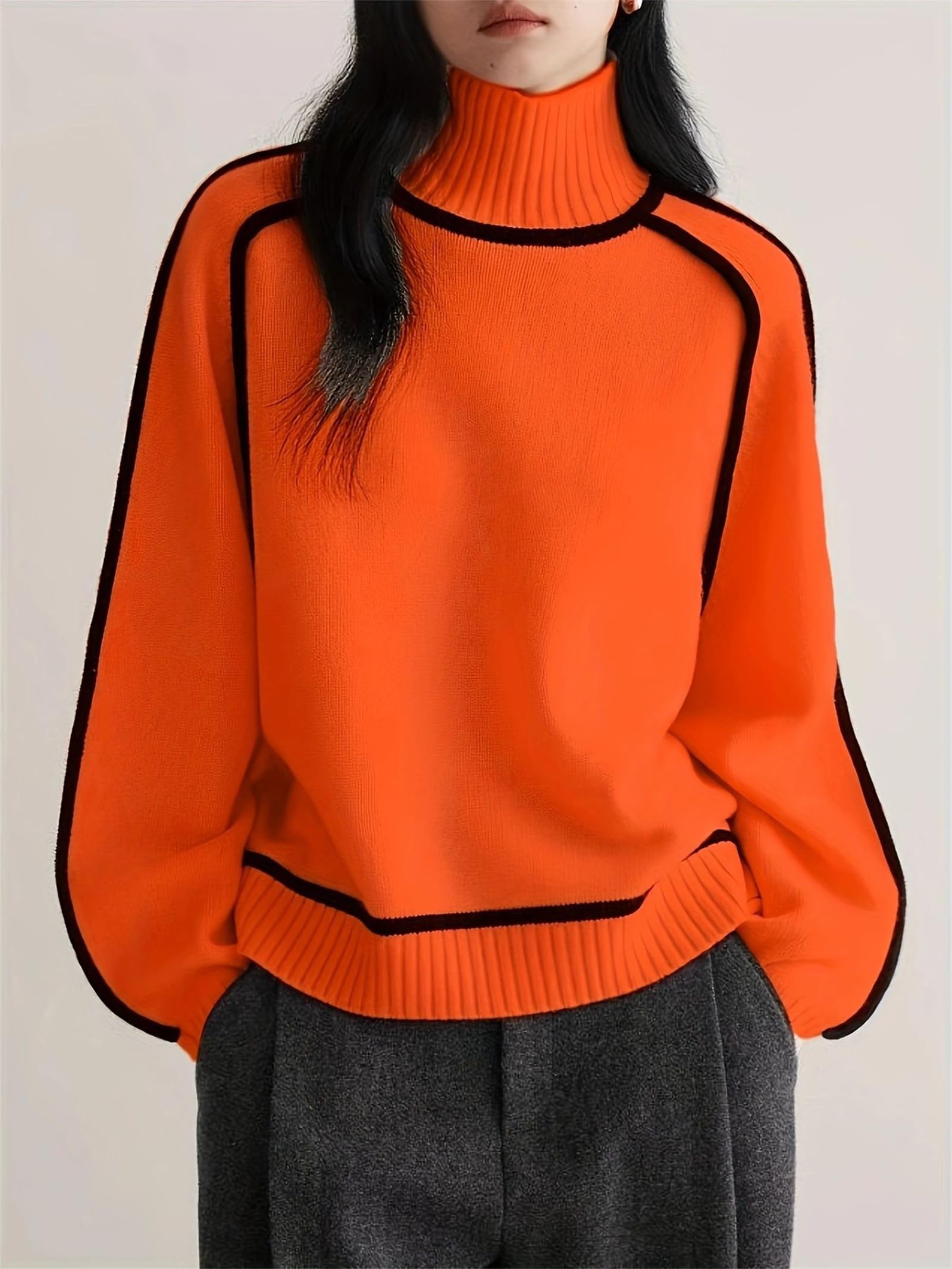 Maglione da donna a collo alto, a maniche lunghe, lavorato a maglia con bordo a contrasto, alla moda, per autunno e inverno, basic