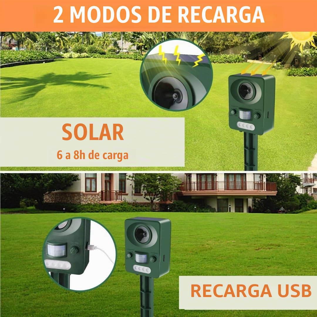 Repelente Gatos Solar y USB Exterior 5 Modas, espanta Palomas, ahuyentador Paloma pajaros Gato, pichos Anti Pajaro, espanta Golondrinas, ahuyenta Ratas, ahuyentador de jabalies