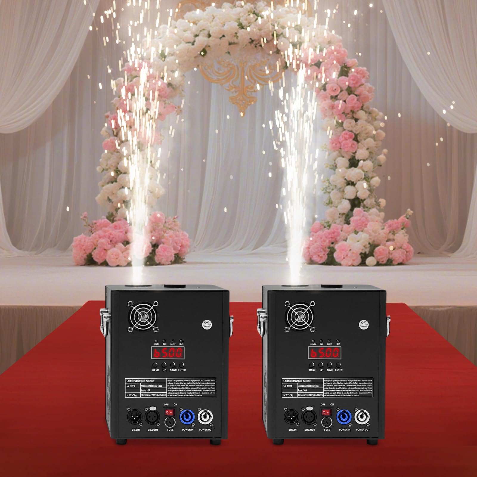 Set di 2 macchine pirotecniche con valigetta, 750 W, fuochi d'artificio freddi, DMX512 e telecomando, macchina da palcoscenico regolabile in altezza per matrimoni, feste, DJ, concerti, colore nero