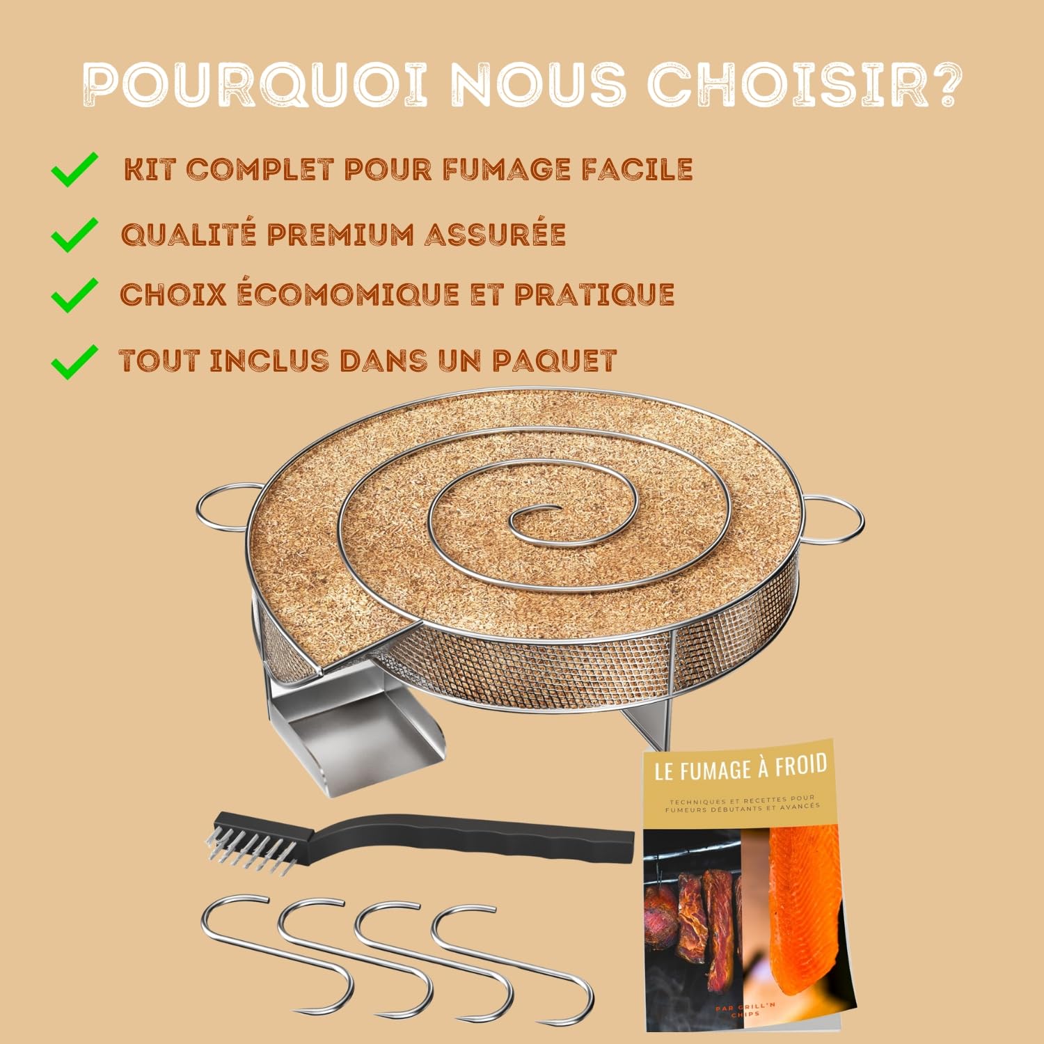 GRILL'N CHIPS® Serpentin/Générateur Fumée Froide Fumoir - Acier Inoxydable | 4 Crochets + Brosse. Jusqu'à 8-10h de Fumée. Fumage à Froid : Poisson, Viande, Fromage, Charcuterie. Guide PDF à Télécharger