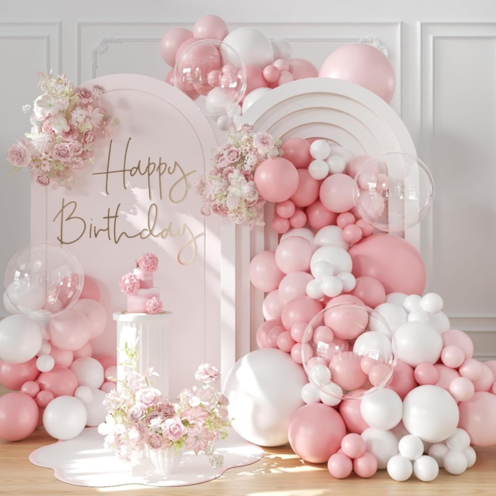 Pink Balloon Arch Kit, 108pcs Baby Pink and White Balloon Arch with Clear Bobo Balloons Pink Balloon Garland for Girls Birthday Wedding Anniversary Baby Shower Gender Reveal Bachelorette Bridal Shower