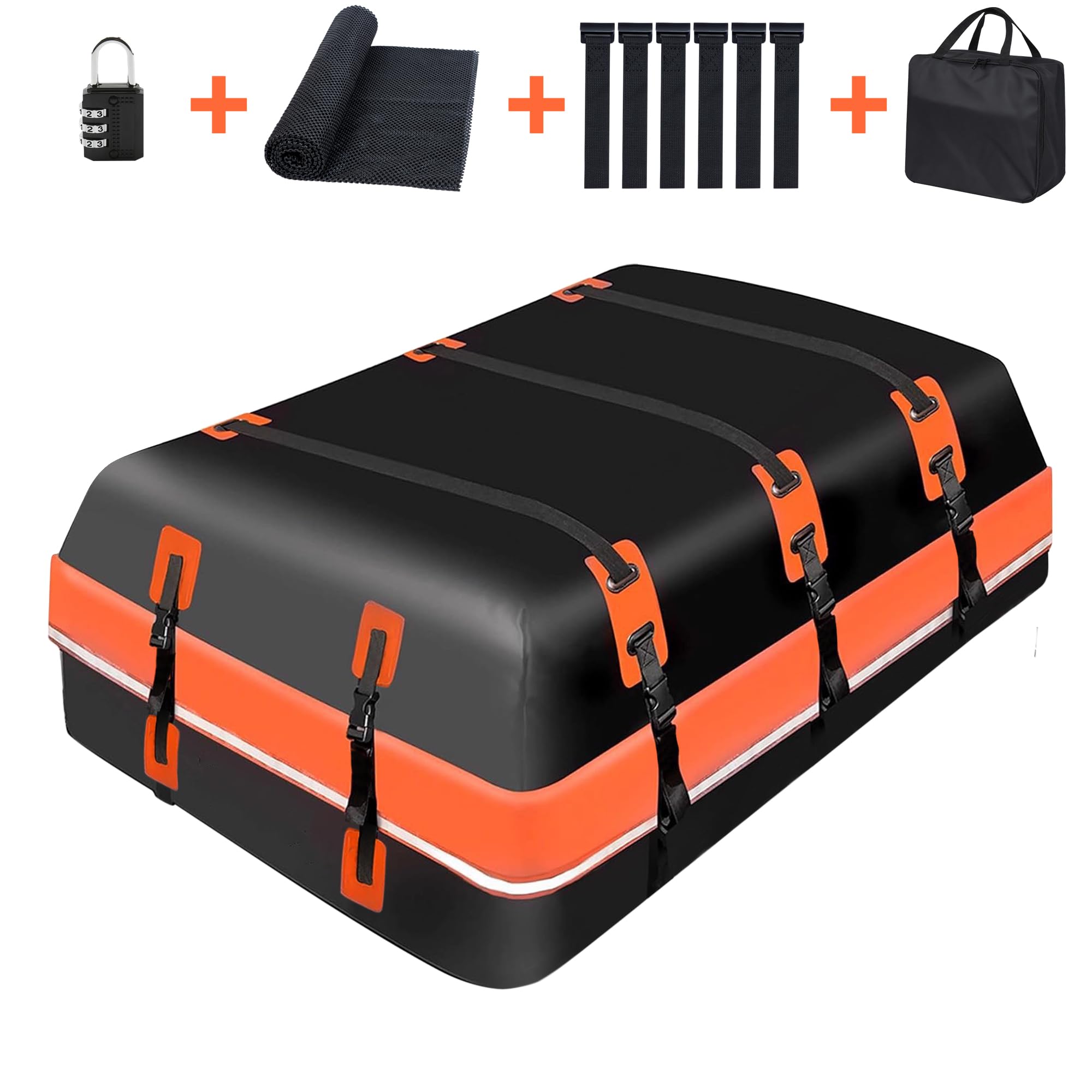 Coffre de Toit Voiture Souple 570L, Sac de Toit 100% Imperméable PVC, Rangement Bagage Voyage, Tapis et 6 Crochets Inclus, pour SUV/Voitures avec ou sans Barres de Toit