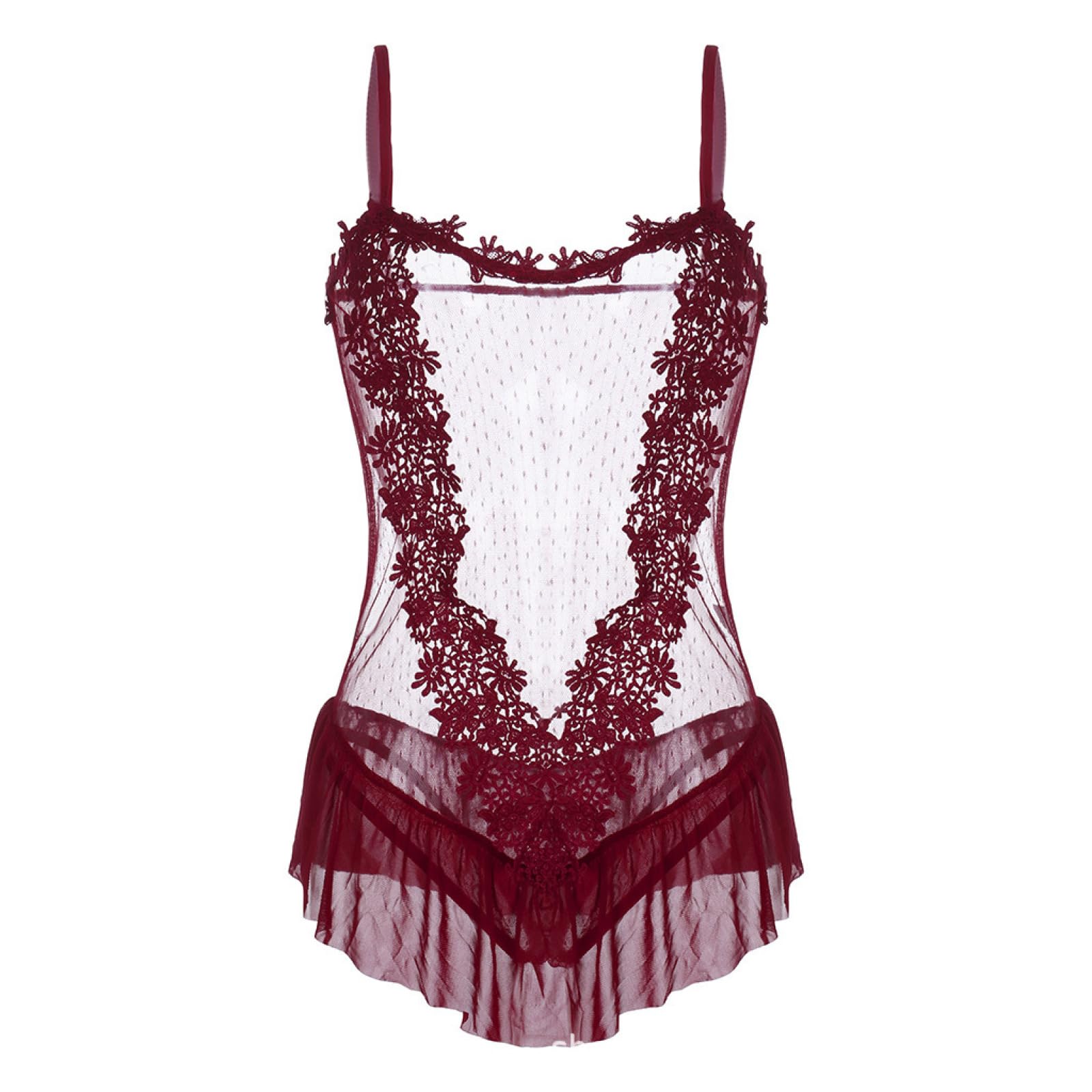 RWRAPS Lingerie Sexy per Donne Taglie Forti Gilet Sexy Erotico in Pizzo Trasparente da Donna con Gonna Antiscivolo (Borgogna X)