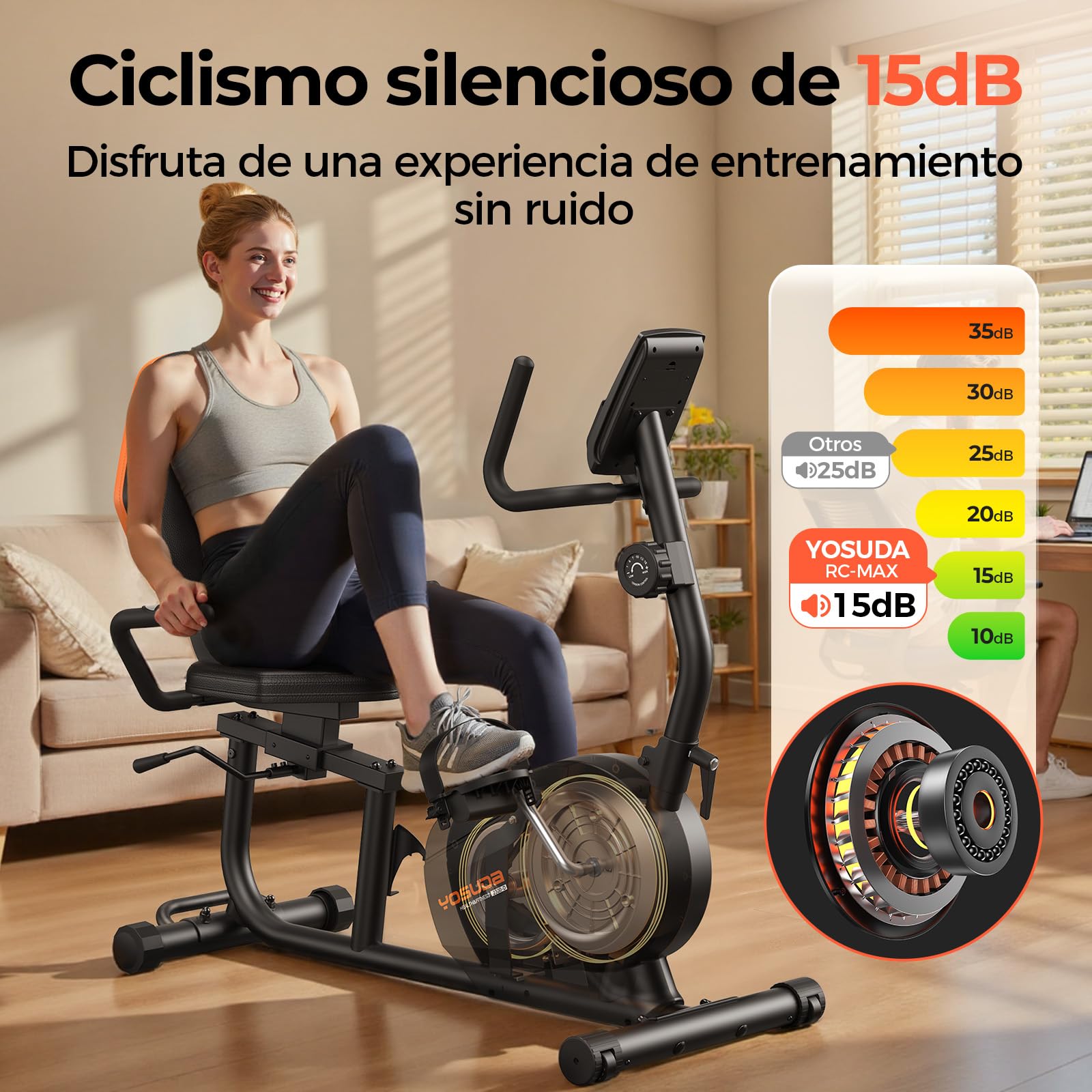 YOSUDA Bicicleta Estática Reclinada Doméstica – 16 Niveles Resistencia Magnética, Silenciosa, Asiento Ajustable, Montaje Fácil, Pantalla LCD, Sensores Pulso, Hasta 160kg, Bici estatica con respaldo