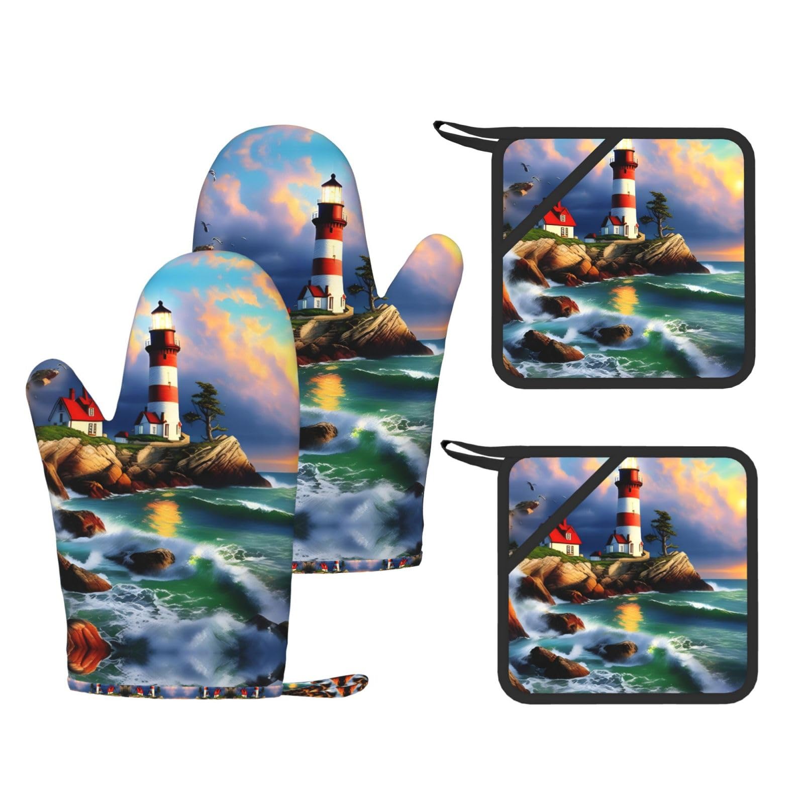 Lighthouse Diamond Painting Printed Kitchen Set with Heat Resistant Oven Gloves & Non-Slip Pot Holders for Daily Cooking