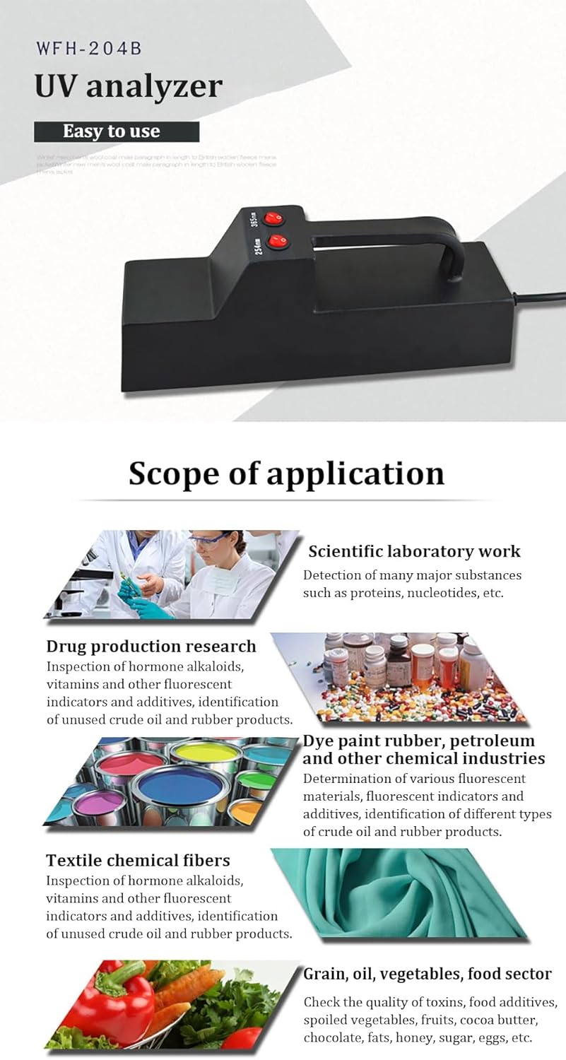 UV Lamp Analyzer 254/365nm Wavelengths, Versatile UV Detector Used for Scientific Research, Chemical Monitoring, Textile Fiber Quality Analysis, Food/Public Safety Testing - 220V