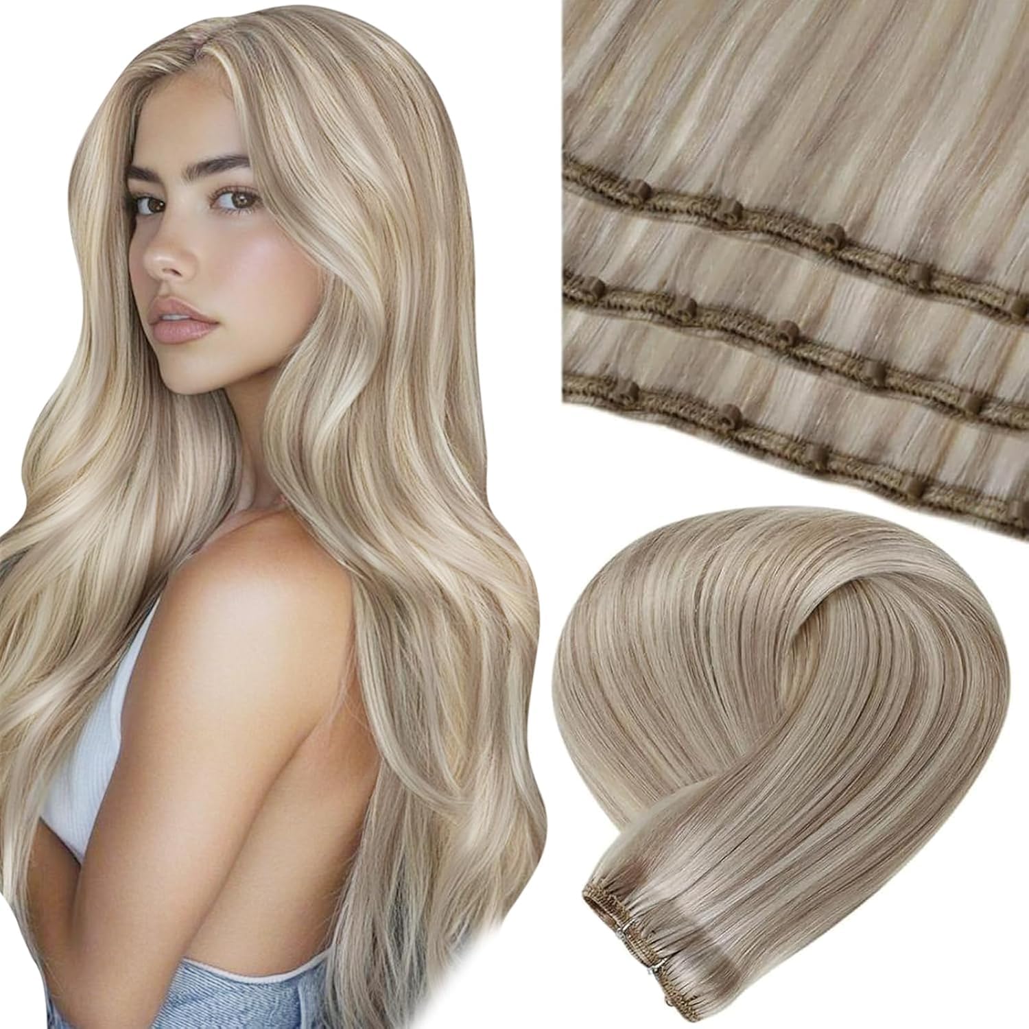 LaaVoo Micro Tressen Extensions Echthaar Blond Highlight Haarverlängerung Echthaar EZE Weft Blond 12" Width Micro Bead Extensions Echthaar Aschblond Highlight Blond #18/613 50g 40cm