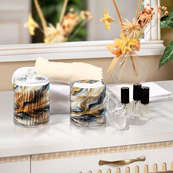 2 Pack Qtip Holder Dispenser with Lid, 14 oz Clear Plastic Apothecary Jar fro Cotton Swabs, Balls, Pads, White Blue Gold Marble Bathroom Canister Storage Organization and Vanity Makeup Organi