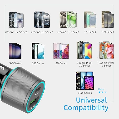 Miniatura 4 de Cargador de coche gris de 67.5 W USB C de carga súper rápida, 45 W USBC y QC3.0 Bloque de puerto para iPhone 17 Pro MaxAir1615iPad, teléfono celular