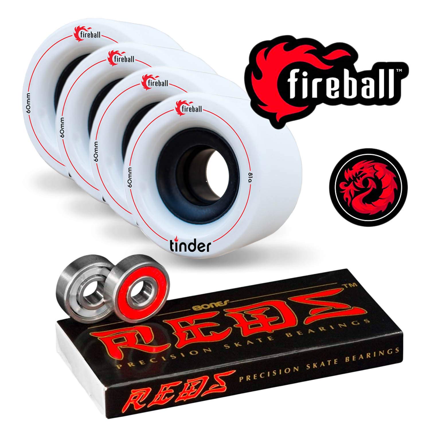 BonesReds Skateboard Bearings 8 Pack w/Tinder 60mm Wheels