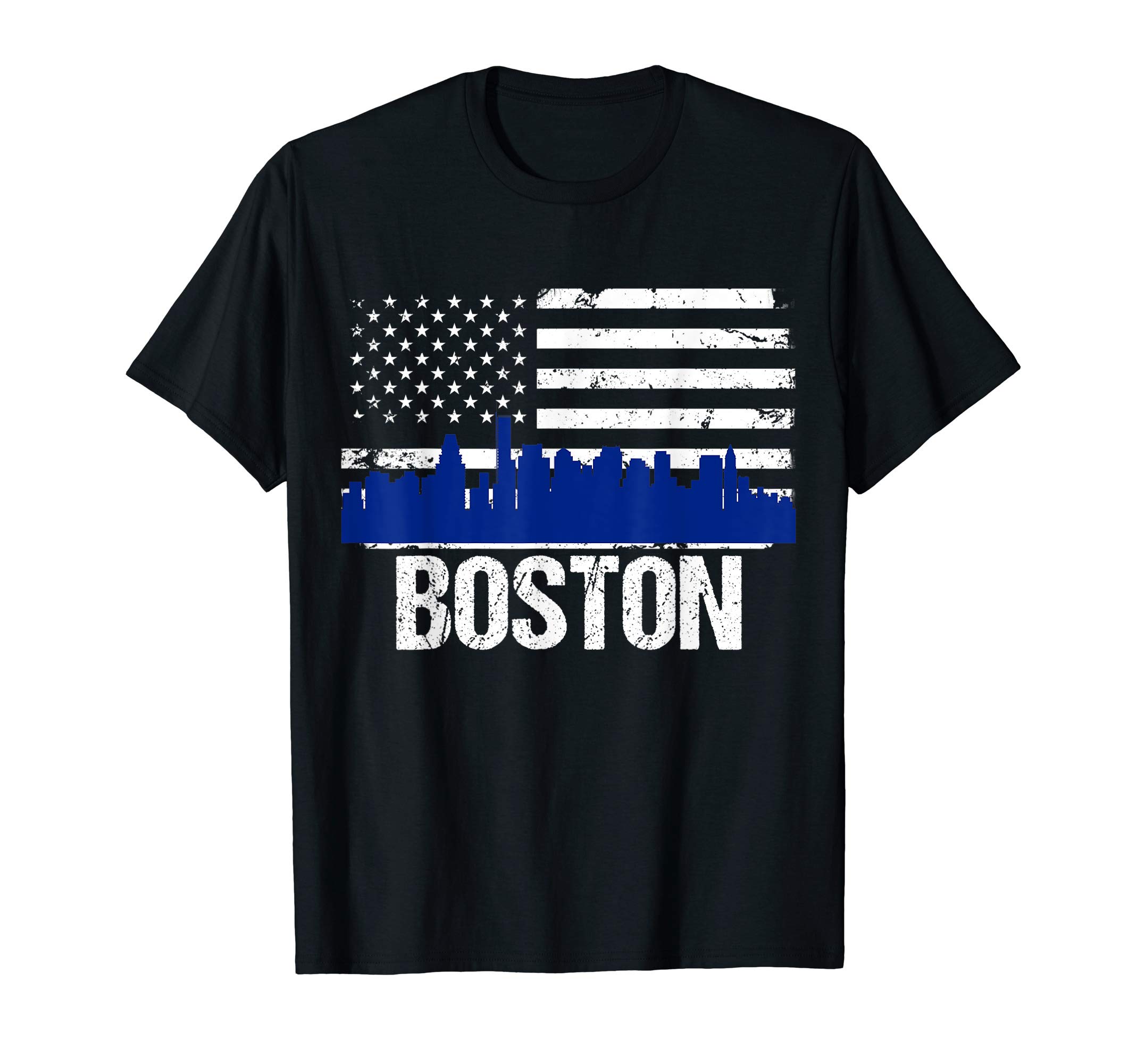 City Skylines ApparelBoston City Skyline Distressed American Flag T-Shirt