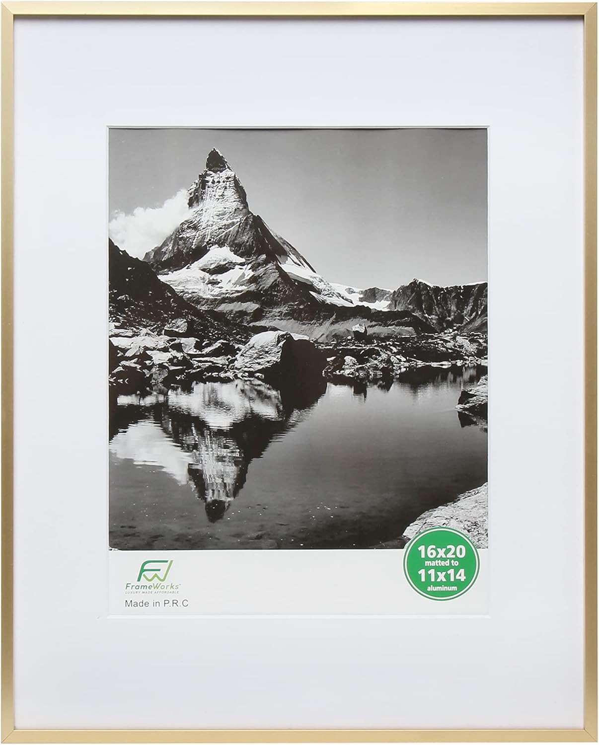 FrameWorks 16”x20” Matted to 11”x14” – Deluxe Brass Gold Aluminum Contemporary Picture Frame with Tempered Glass and Removable Mat Gold 16"x20" matted to 11"x14"