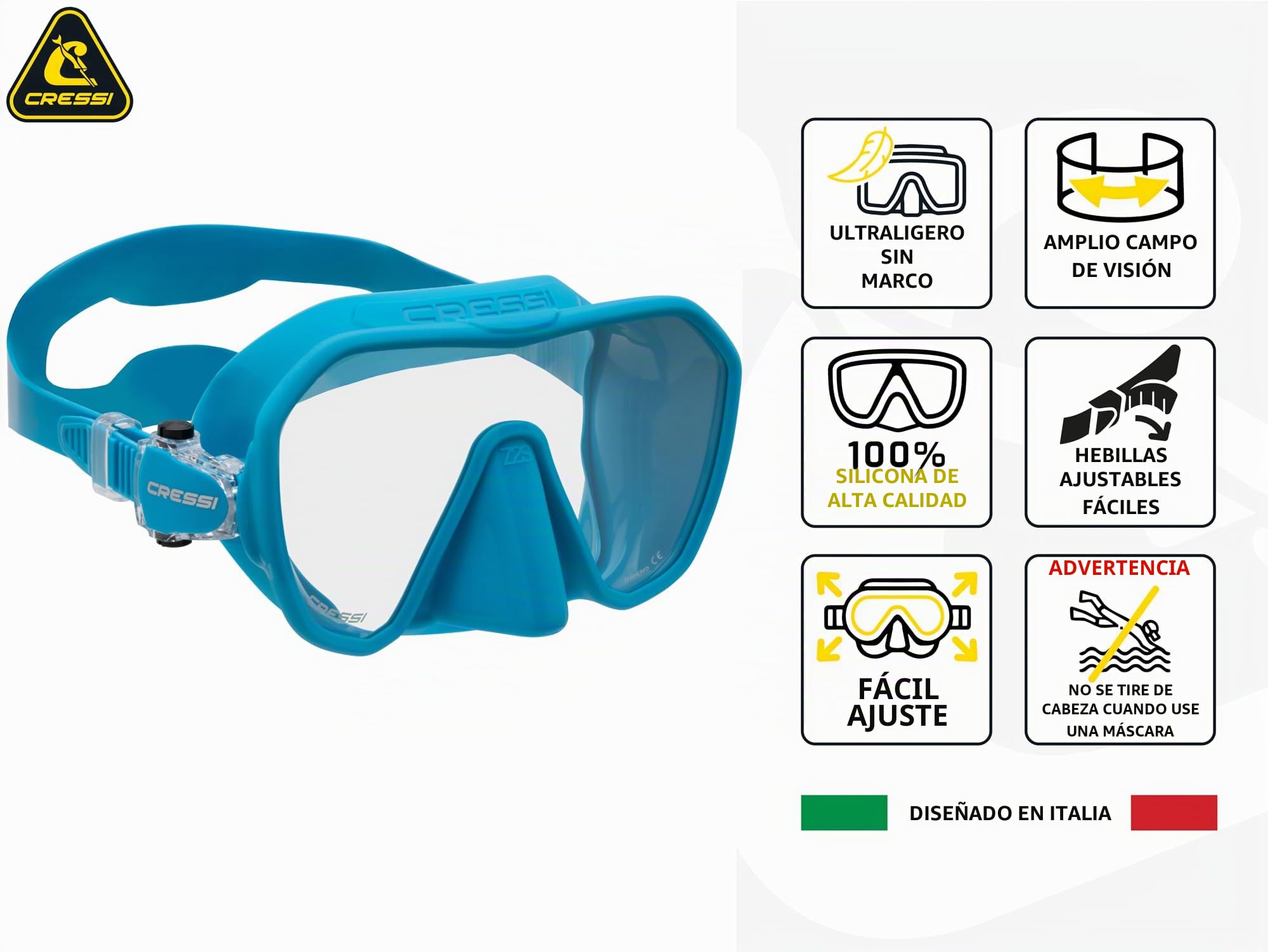 Cressi Máscara de buceo sin marco para adultos, lente mono de visión amplia, bajo volumen interno, silicona suave pura, ZS2: diseñada en Italia por Cressi