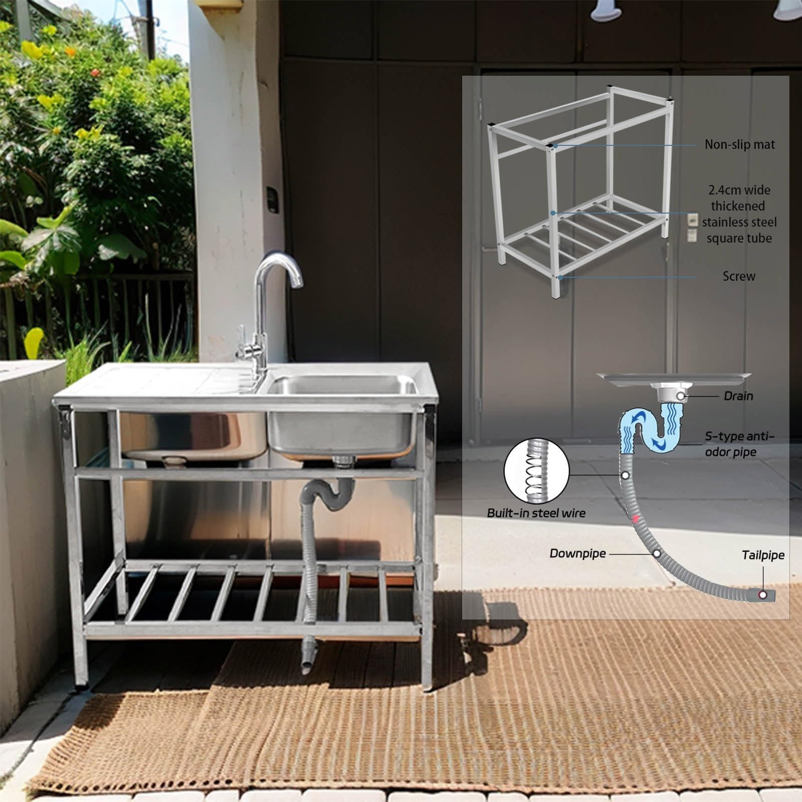 Fregadero Exterior Jardin Acero Inoxidable con Patas Fregadero Portatil Camping Fácil De Limpiar con Grifo Y Soporte Fregadero Comercial para Lavandería Cocina Al Aire Libre