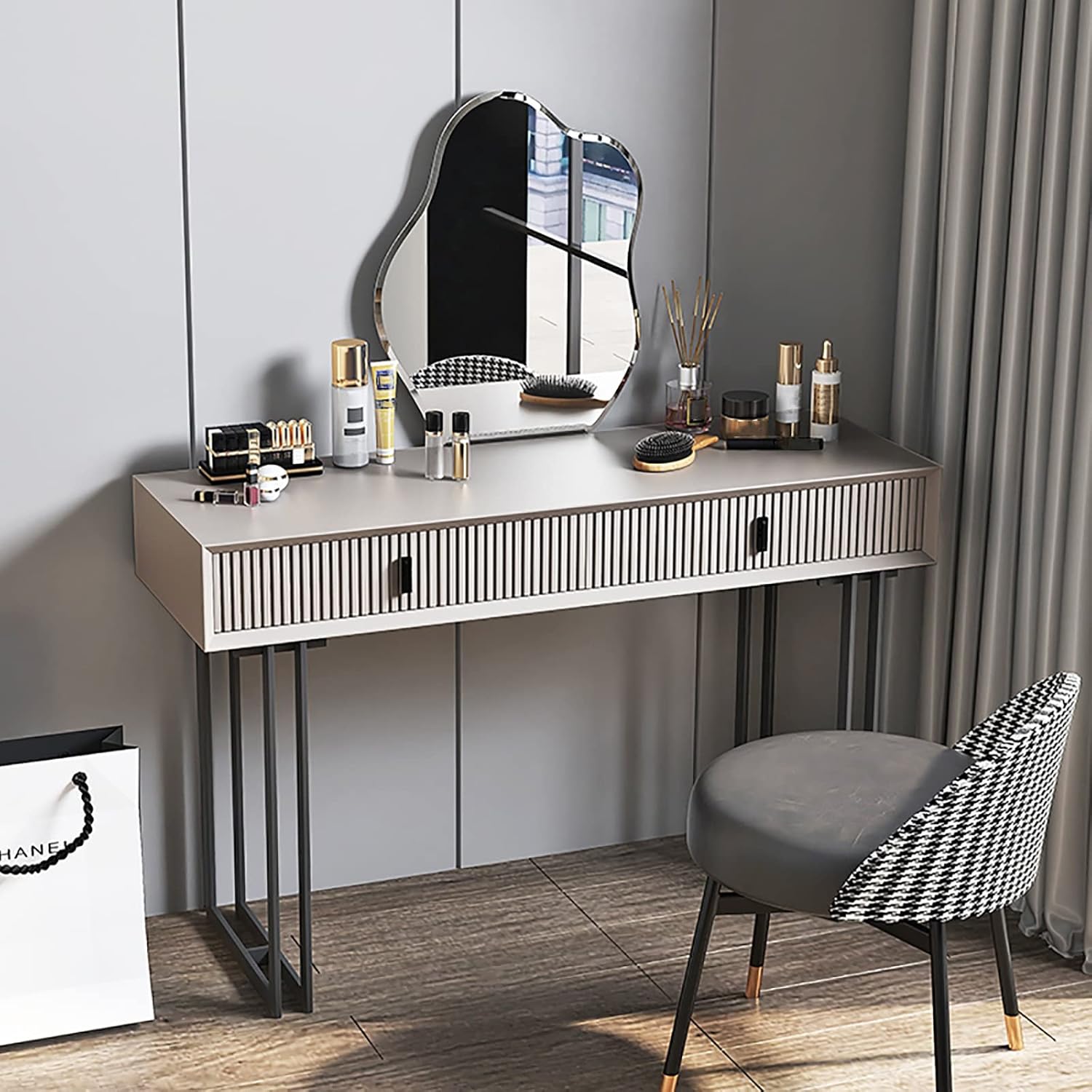 ドレッシングテーブルセット バニティデスク 大型ドレッシングテーブル 収納引き出し2個付き バニティミラー パッド入りスツール ベッ