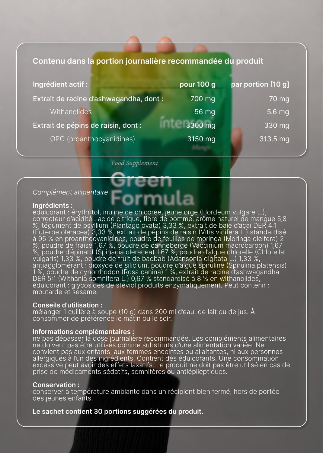 Intenson Green Formula Mango, Super Greens en Poudre, Mélange de Superaliments avec Chlorella, Spiruline, Ashwagandha, OPC et Moringa, Sans Sucre, Naturellement Sucré, Boisson Fonctionnelle, 300 g