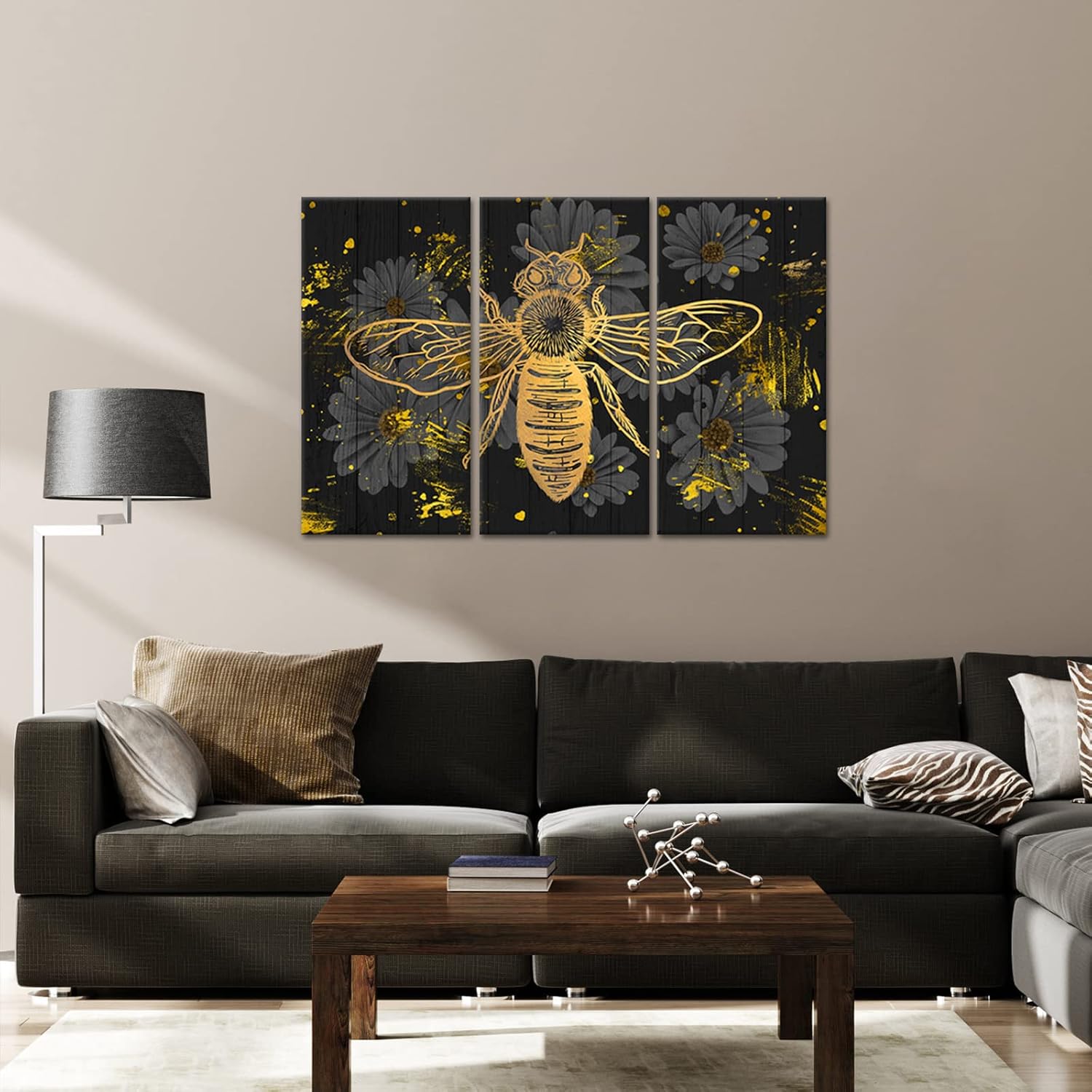 RnnJoile Bee Canvas Wall Decor Bumblebee Honey Daisy Flower Painting Picture Black and Gold Insect Poster Artwork for Farmhouse Kitchen Office Set of 3 Framed
