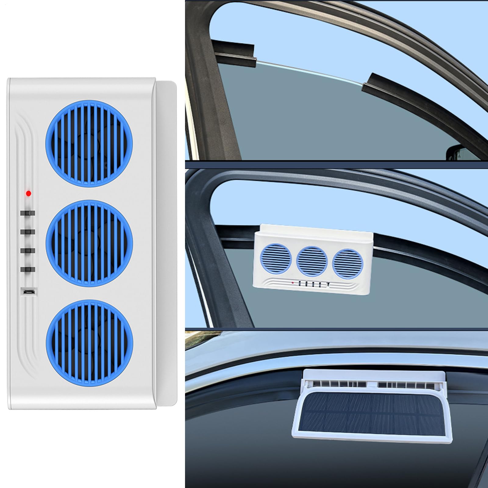 Genérico Solar Powered Car Fan | Three Outlets Vehicle Ventilation Radiator with Light,Car Fan - for Van Truck Highway Vehicle RV SUV Daily Driving Road Trip