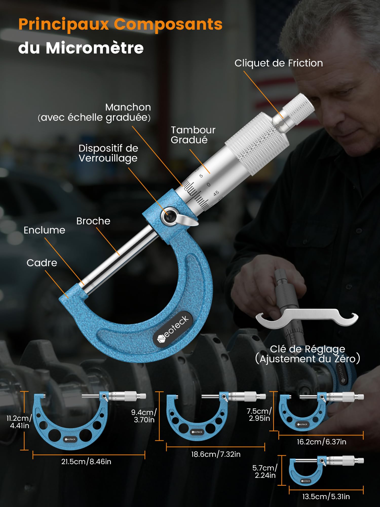 Neoteck Micromètre Extérieur Mécanique 0-100 mm – Kit 4 Pièces 0-25/25-50/50-75/75-100 mm Précision 0,01 mm avec Cliquet, Faces en Carbure, Ét alons 25/50/75 mm – Pour Usinage & Atelier Professionnel