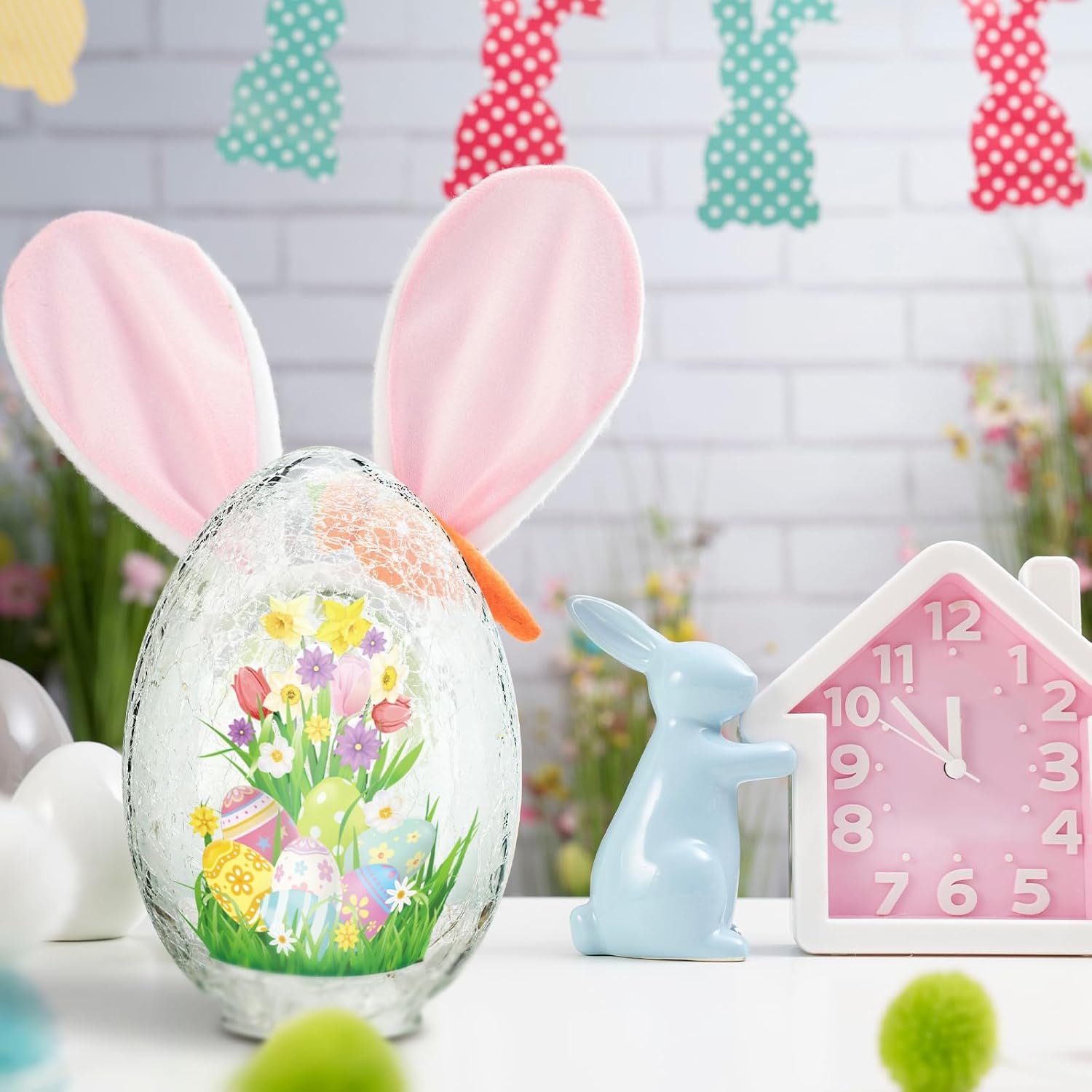 5.75 x 5.25 x 8.25'' Easter Egg Balls Crackle Glass Night Light Illuminated Sphere Glowing Orb Decorative Battery Operated Lamp Festive Home Accent Decorations