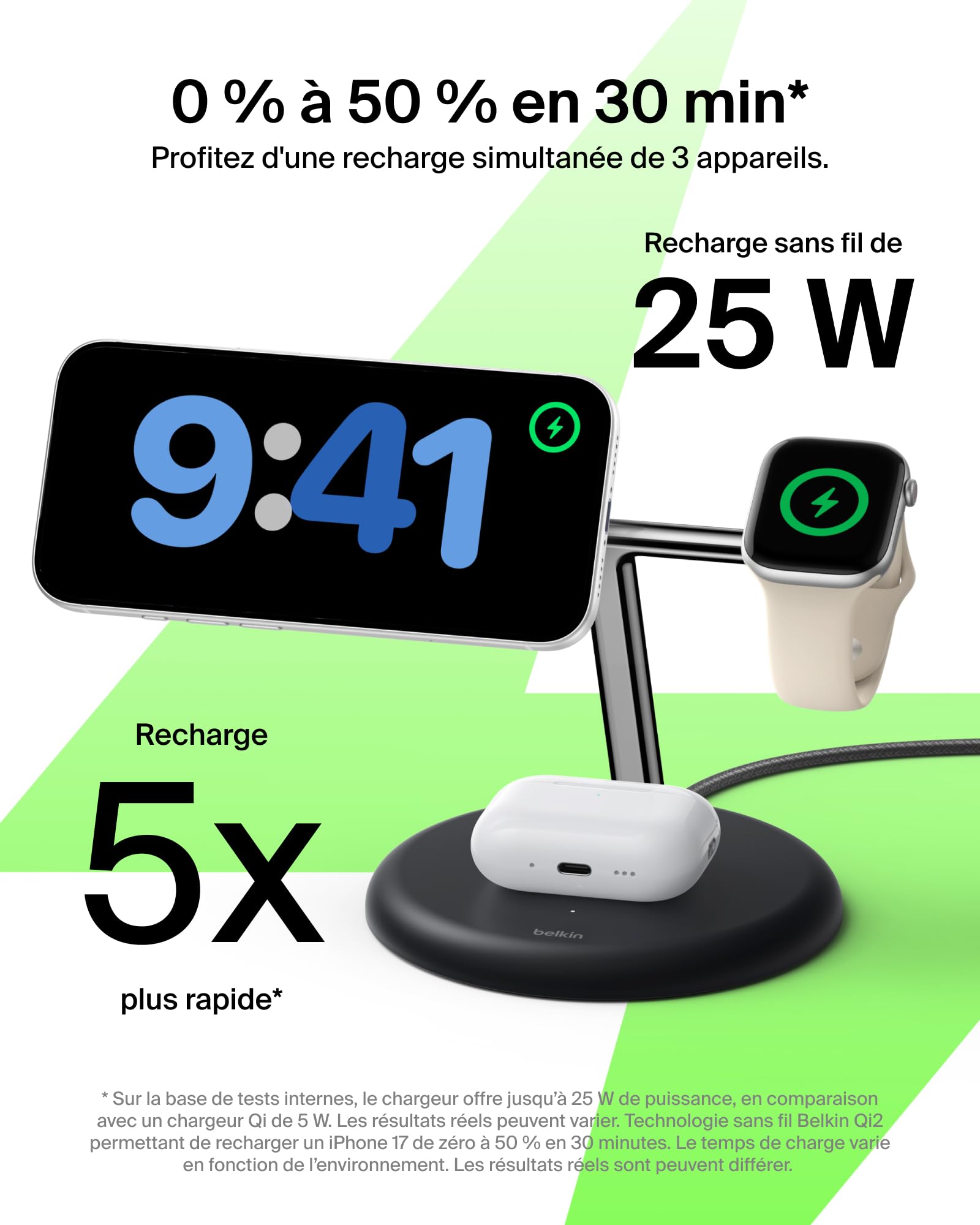 Belkin UltraCharge Station sans Fil 3-en-1 avec Qi2, 25 W - Noir | Qi2.2, Chargeur Magnétique Sans Fil MagSafe Pour iPhone, Apple Watch, Écouteurs, Câble USB-C, Adaptateur Secteur 45 W