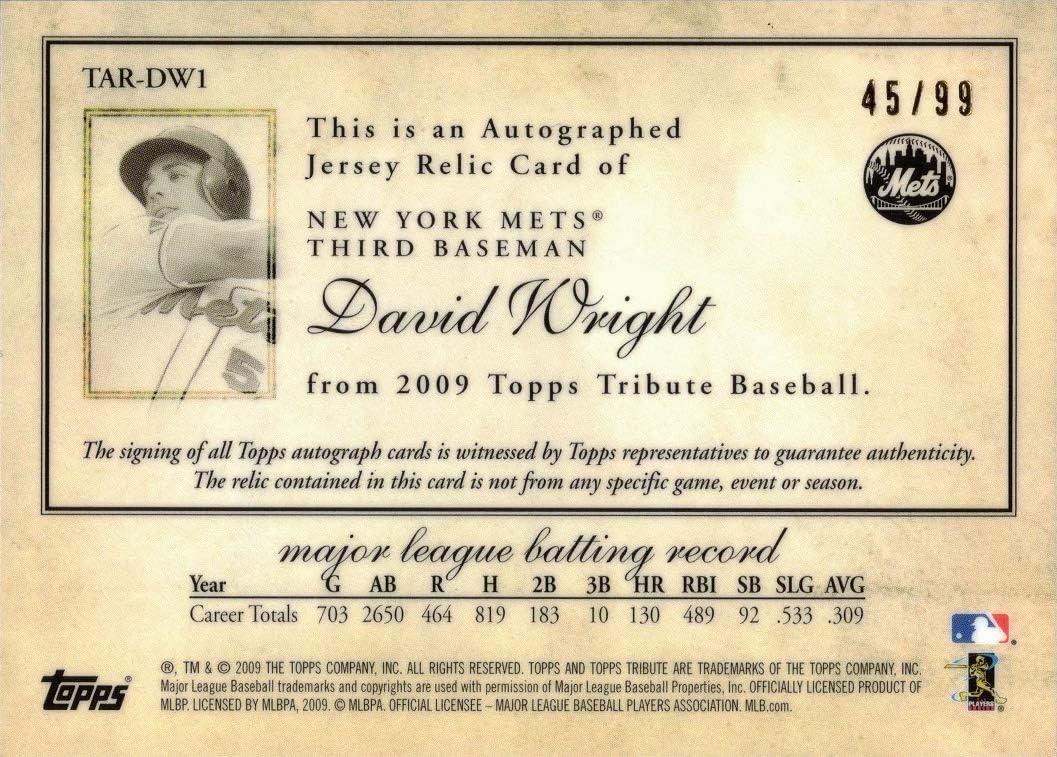 2009 Topps Tribute Relics #TAR-DW1 David Wright Certified Autograph Game Worn Mets Jersey Baseball Card - Only 99 made!