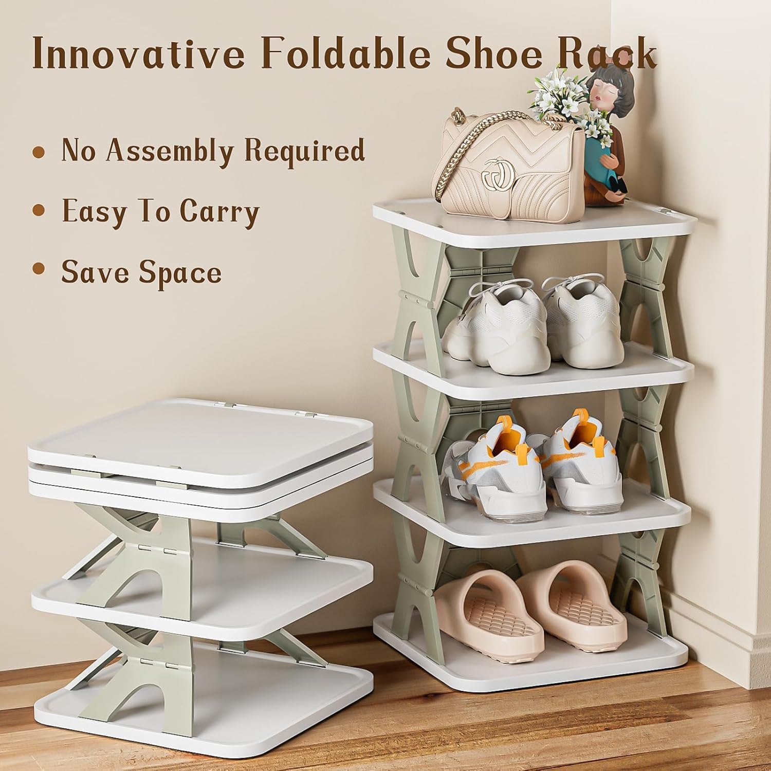 GREECHO 4-Tier Foldable Shoe Rack for Home | Vertical Space Saving Plastic Shoe Stand | Multi-Purpose Narrow Footwear Storage Organizer Shelf for Entryway, Closet & Corner (4 Layer) (4) 1