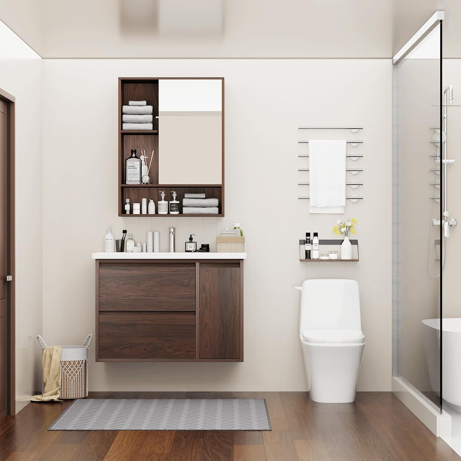 30 Inch Bathroom Vanity With Sink, Modern Walnut Color Finish Cabinet, 2 Spacious Soft-Close Drawers & Storage Cabinet, Floating/Floorstanding Versatile Design, Luxury Statement Piece for Bathroom
