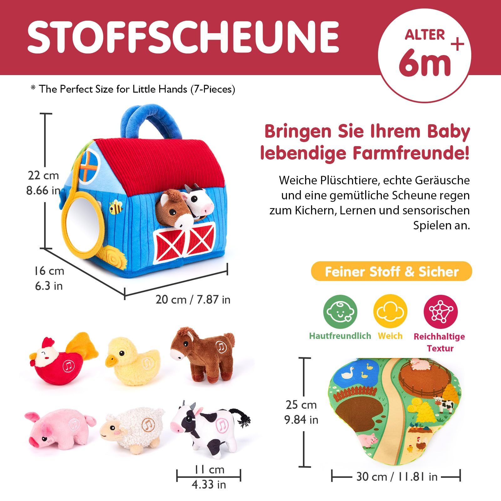 hahaland Bauernhof Baby Spielzeug 6 Monate mit 2-in-1 Scheunen & Spielmatten,6 Sensorik Plüschtiere mit Tiergeräuschen & Spricht Englische Tiernamen,Montessori Spielzeug Baby Geschenk ab 6-12 Monate
