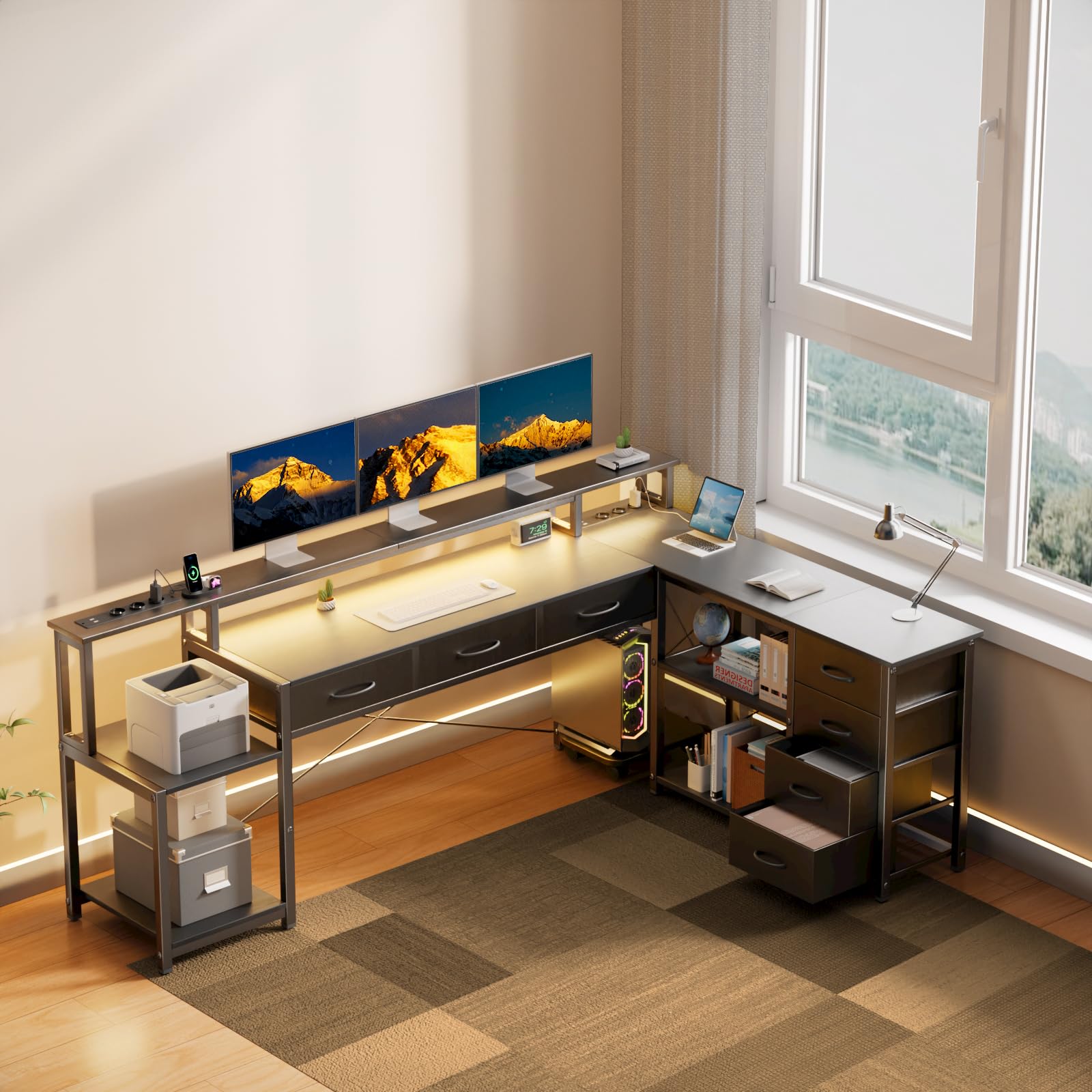 Schreibtisch L Form mit Schubladen, Gaming Tisch mit Steckdose, LED & Monitorständer, 200 x 146cm, 7 Stoffschubladen, Computertisch für Büro Arbeitszimmer Schlafzimmer (Schwarz)