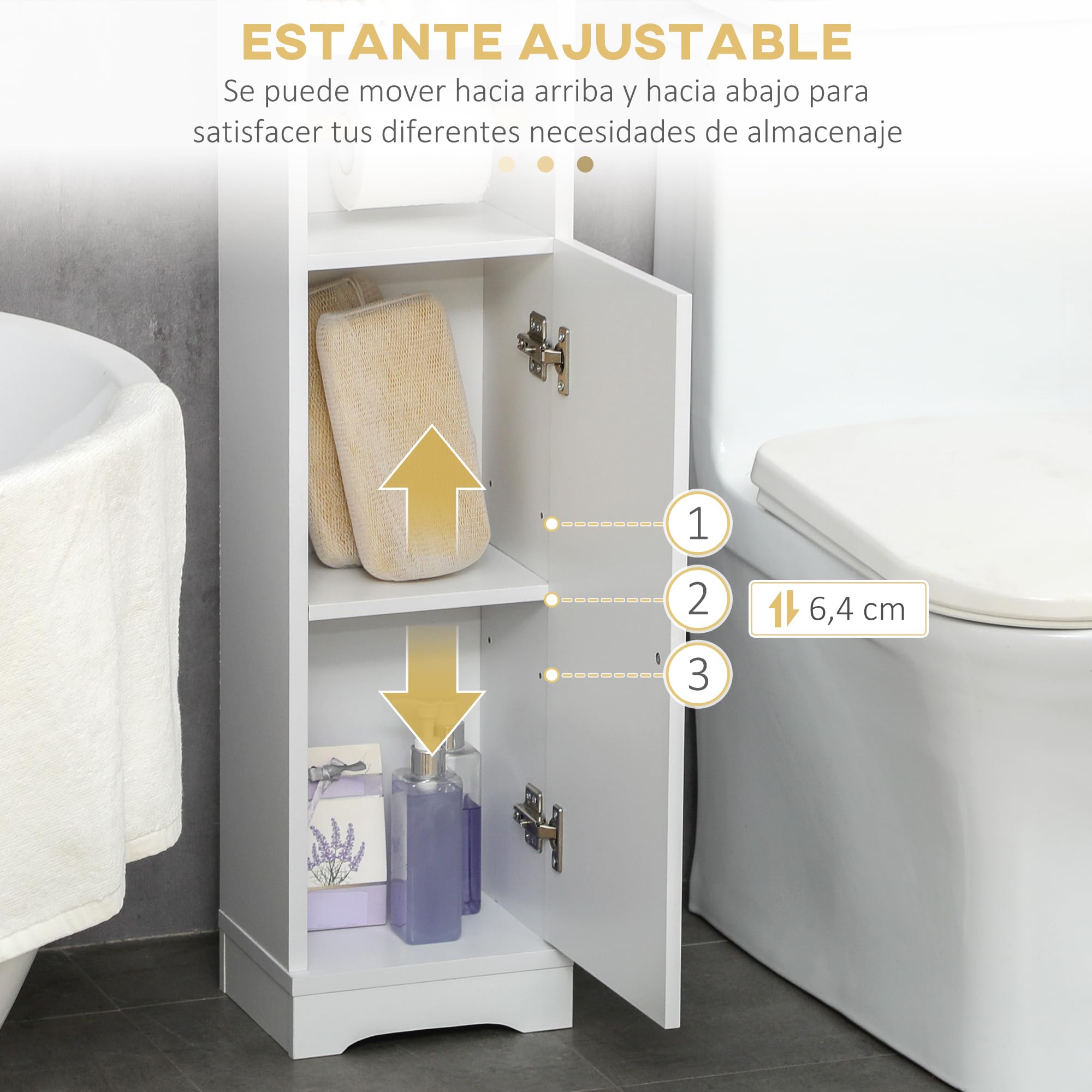 kleankin Armario de Baño Columna Auxiliar de Baño Armario Multiusos con Estante Ajustable y Portarrollos de Papel para Dormitorio 23x18x100 cm Blanco