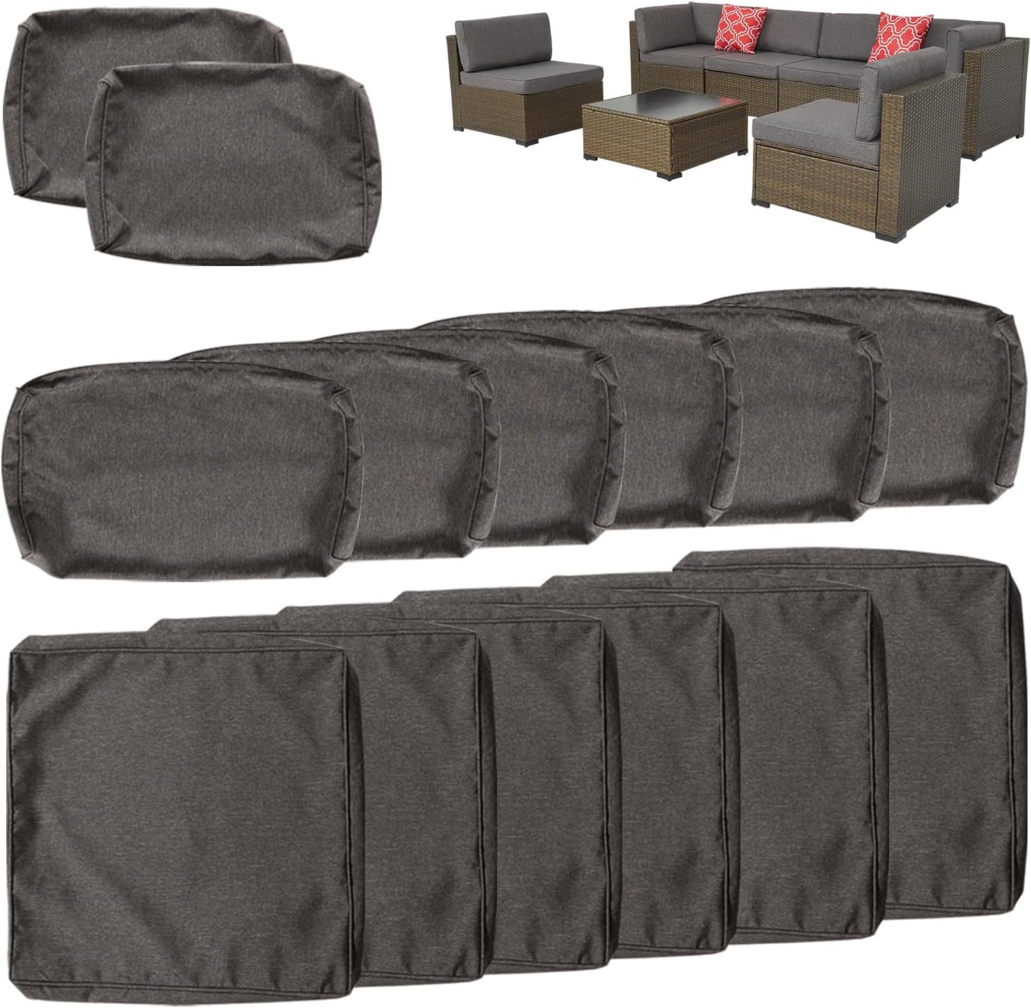 7 PCs Outdoor Patio Wicker Sofa Chair Washable Cushions Pillow Replacement Covers for Seat and Back, Dark Grey